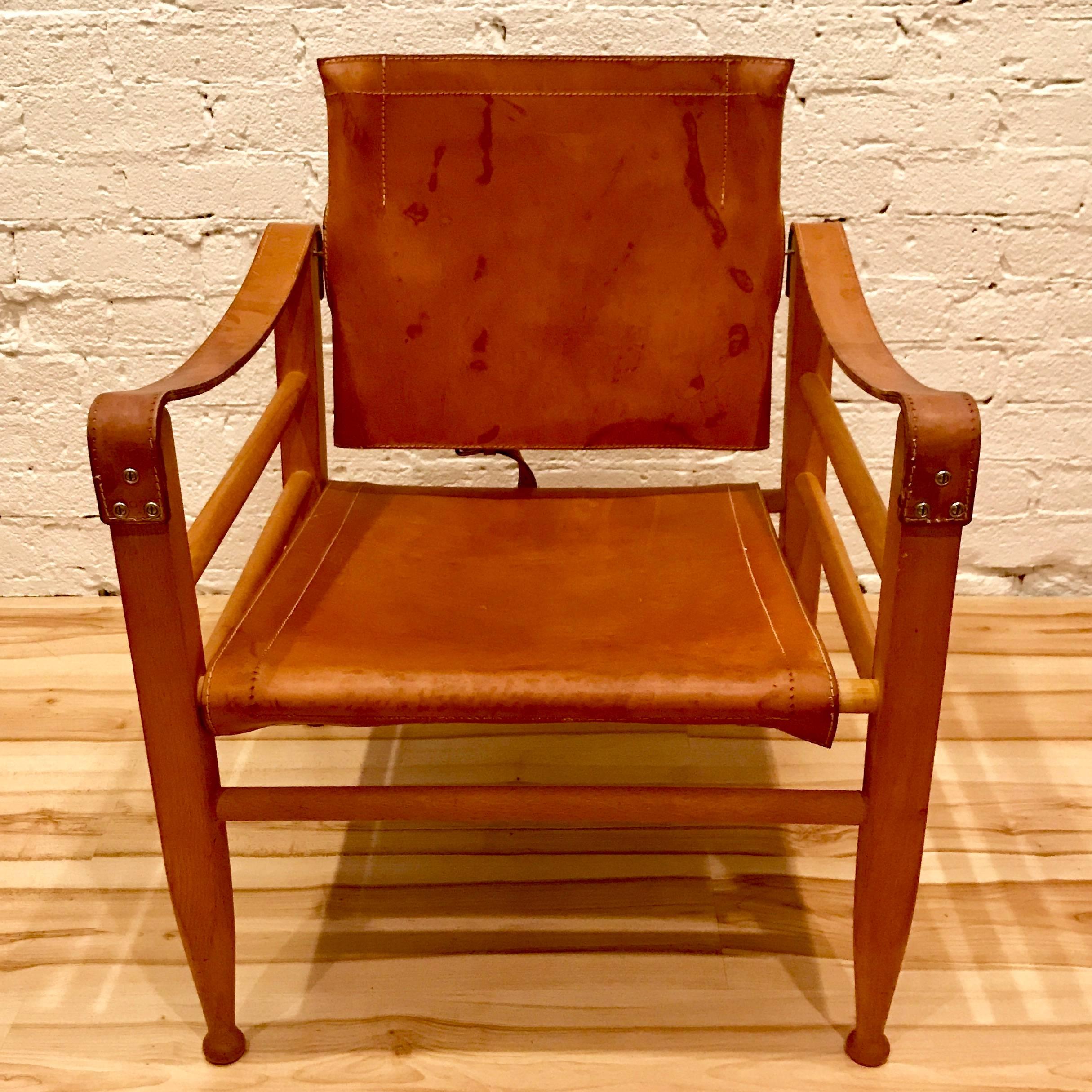 Scandinavian Modern Pair of Danish Modern Wood and Leather Safari Chairs in the Style of Kaare Klint