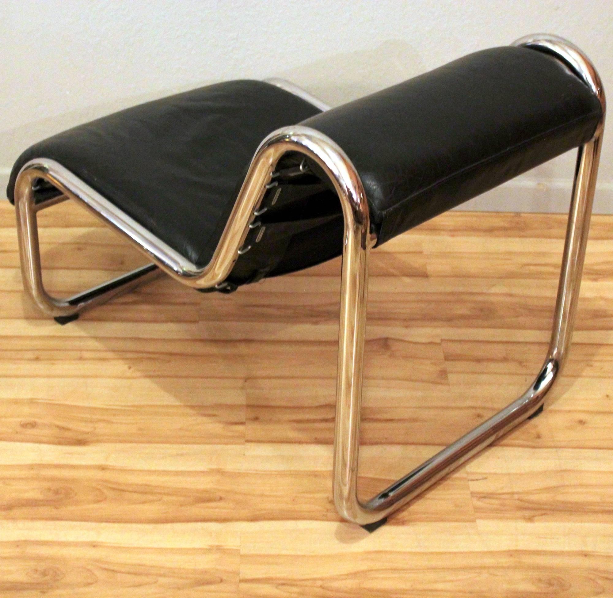 Canadian 1970s Leather and Chrome Lounge Chair and Ottoman by Kinetics Furniture For Sale