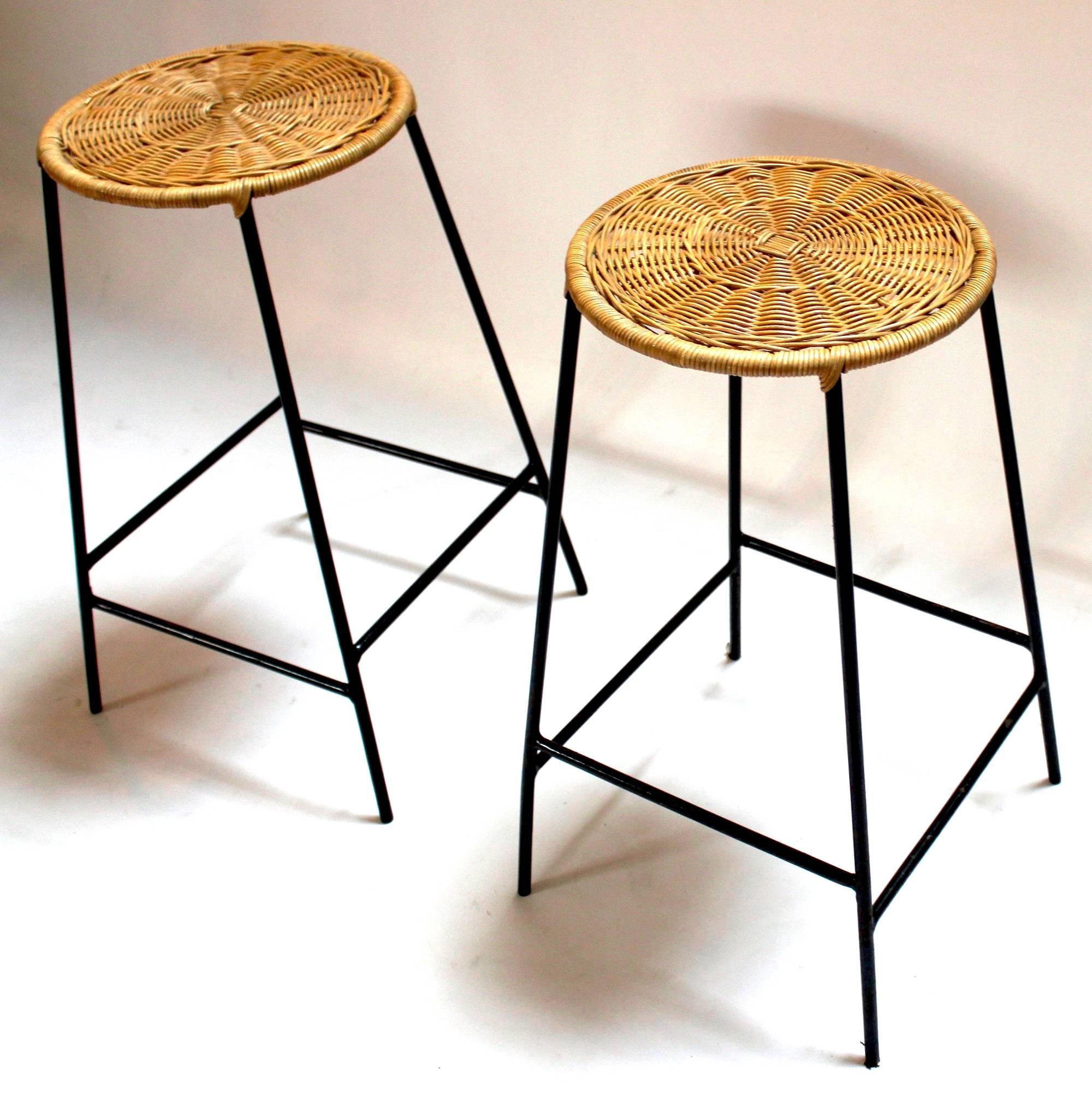 American Pair of Wicker and Metal Bar Stools in the Style of Arthur Umanoff