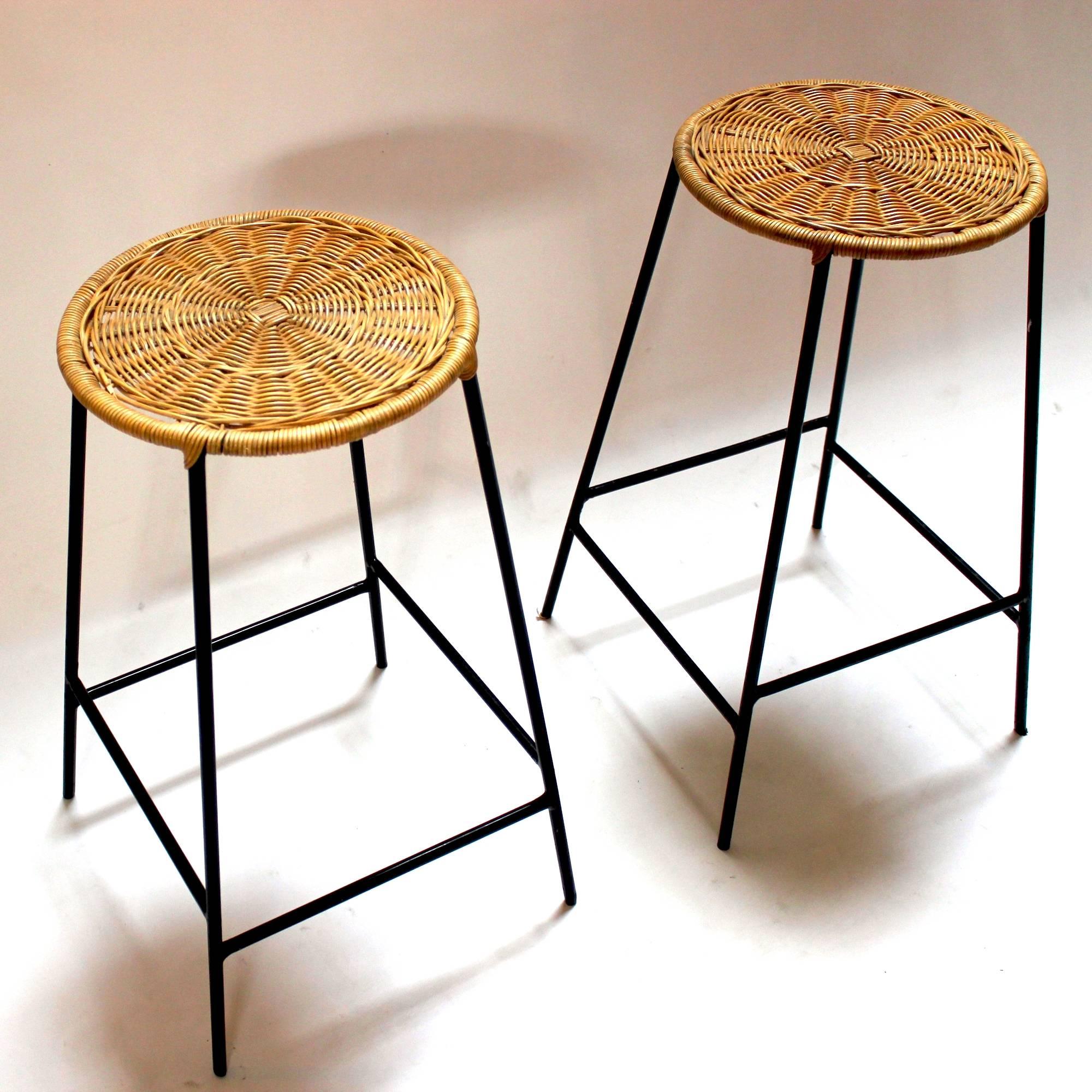 Pair of Wicker and Metal Bar Stools in the Style of Arthur Umanoff In Excellent Condition In Sacramento, CA