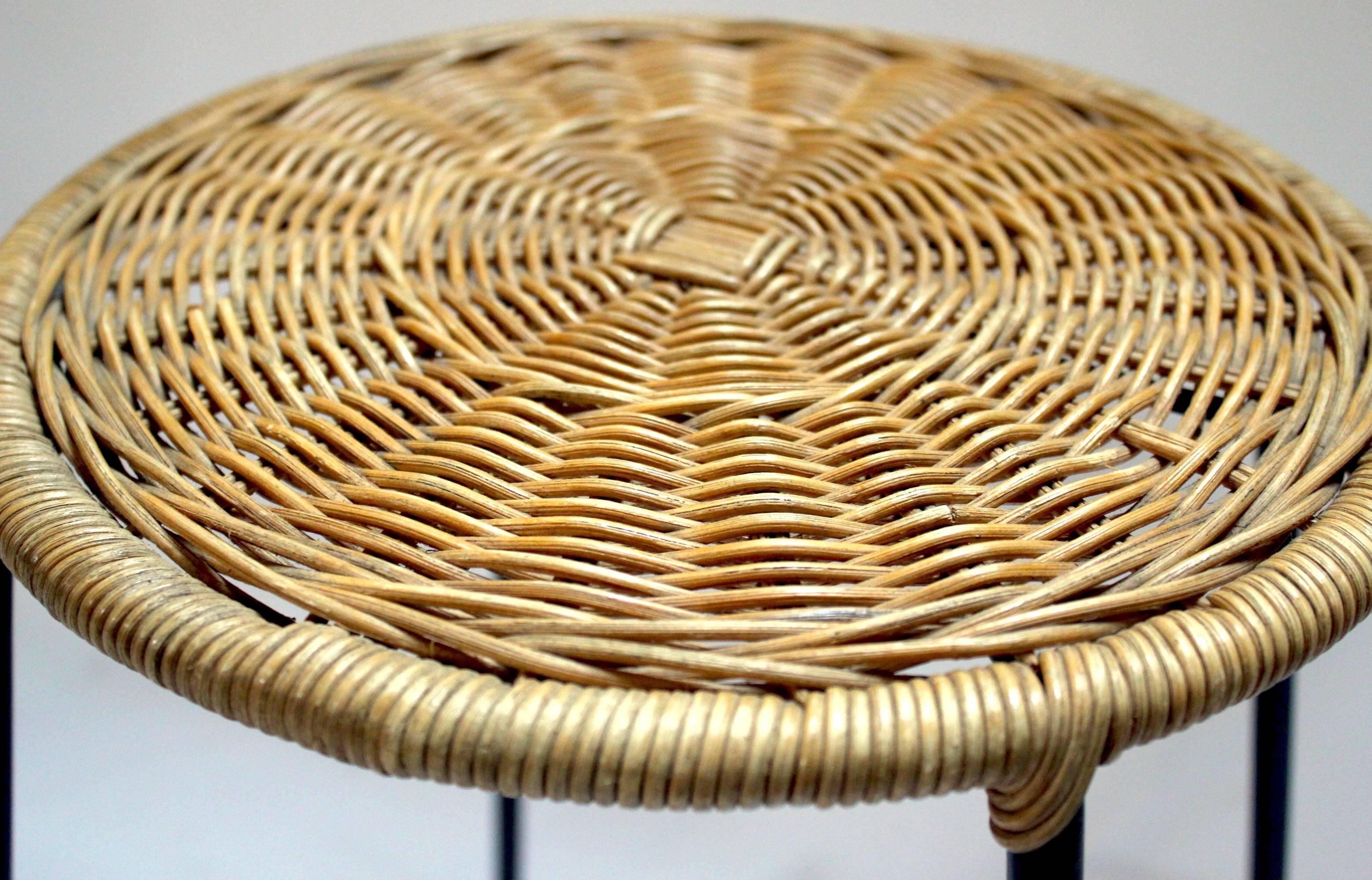 Pair of Wicker and Metal Bar Stools in the Style of Arthur Umanoff 1