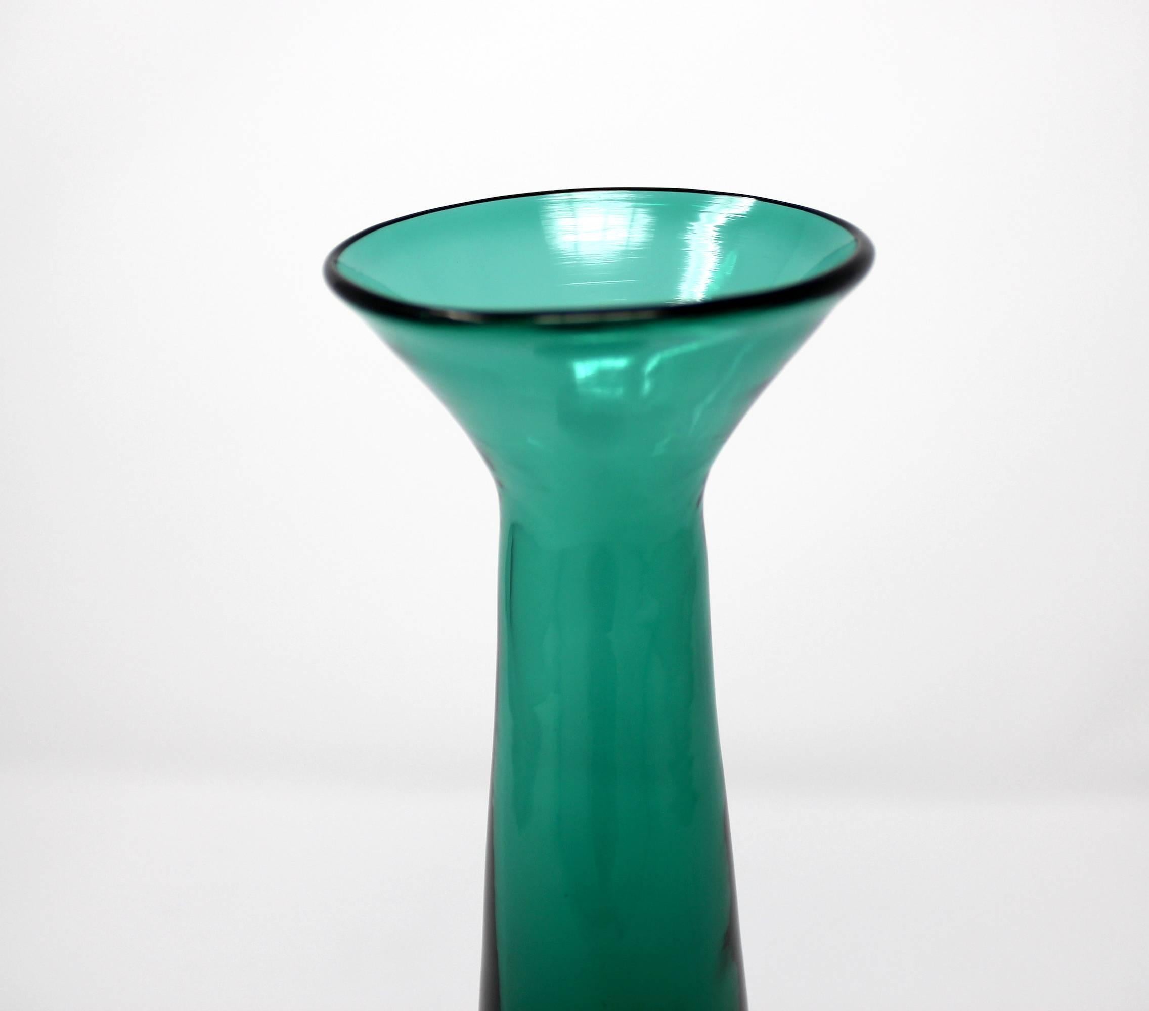 1960s green art glass vase by Blenko. In excellent condition with no chips, marks, or defects.
