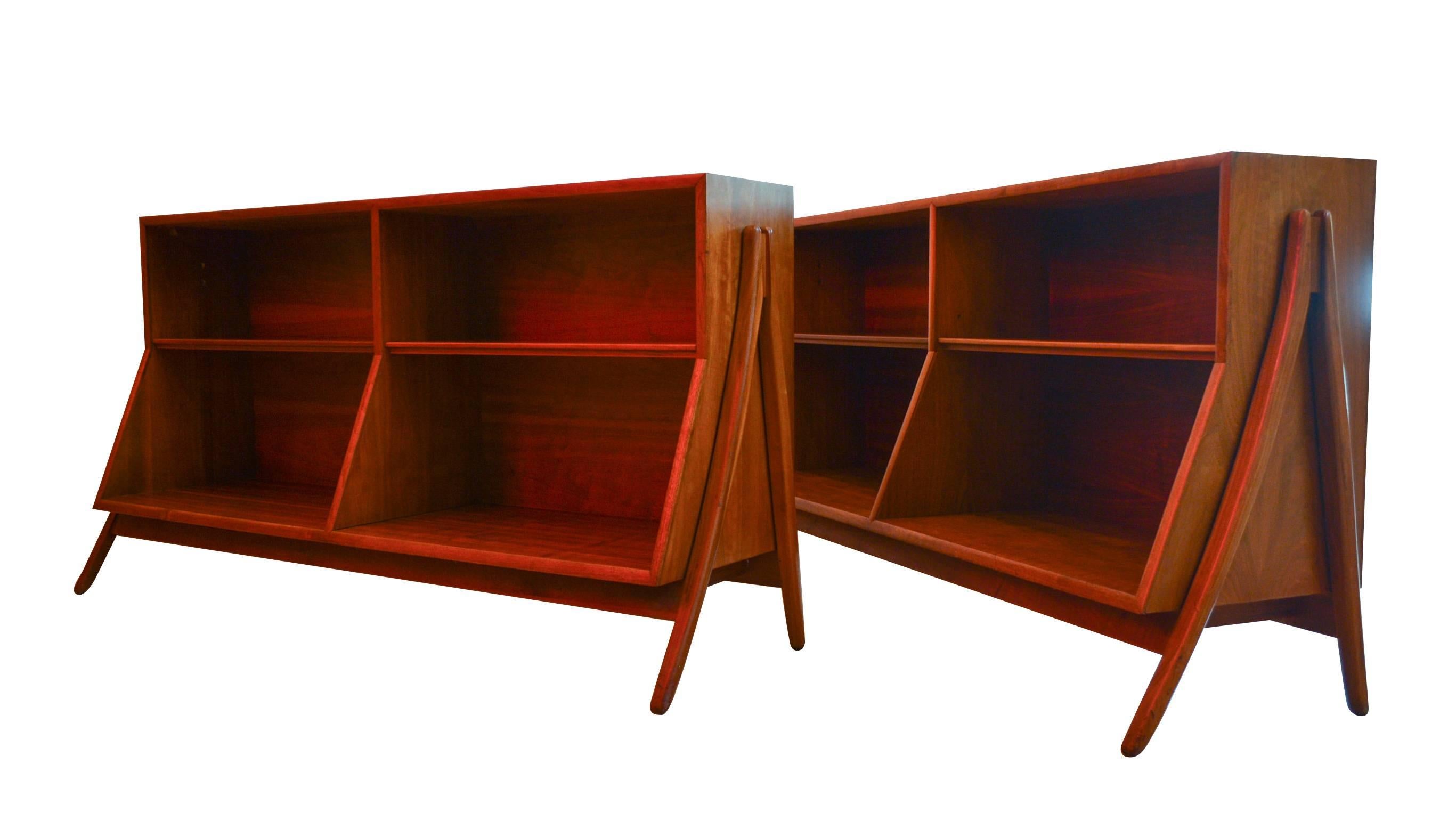 Pair of 1958 walnut open bookcases by Kipp Stewart and Stewart MacDougall for Drexel Declaration. Both bookcases are stamped 