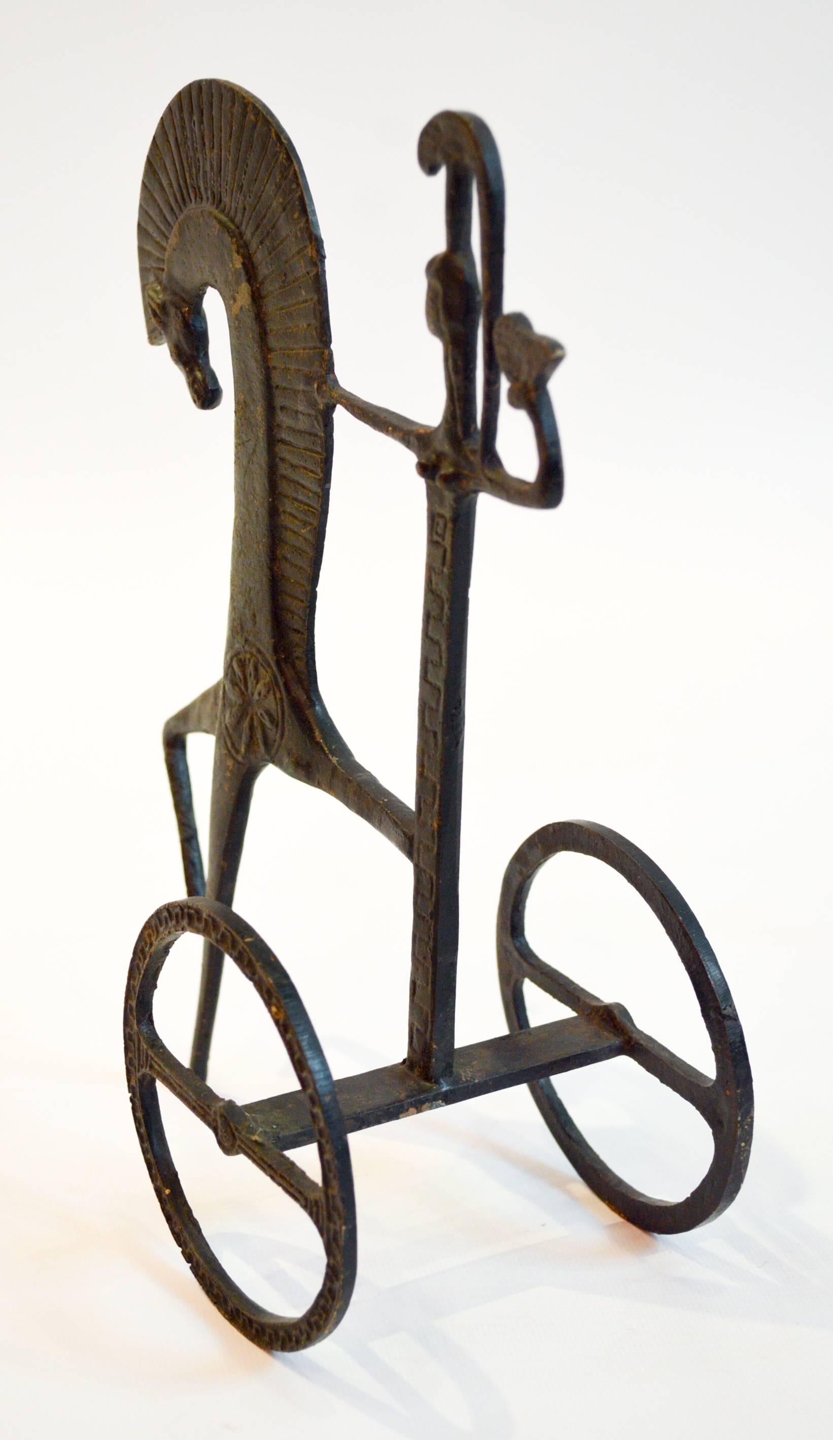 1960s unsigned iron sculpture in the style of Frederick Weinberg depicting a horse and male chariot rider on one side and Athena holding an owl on the other. 