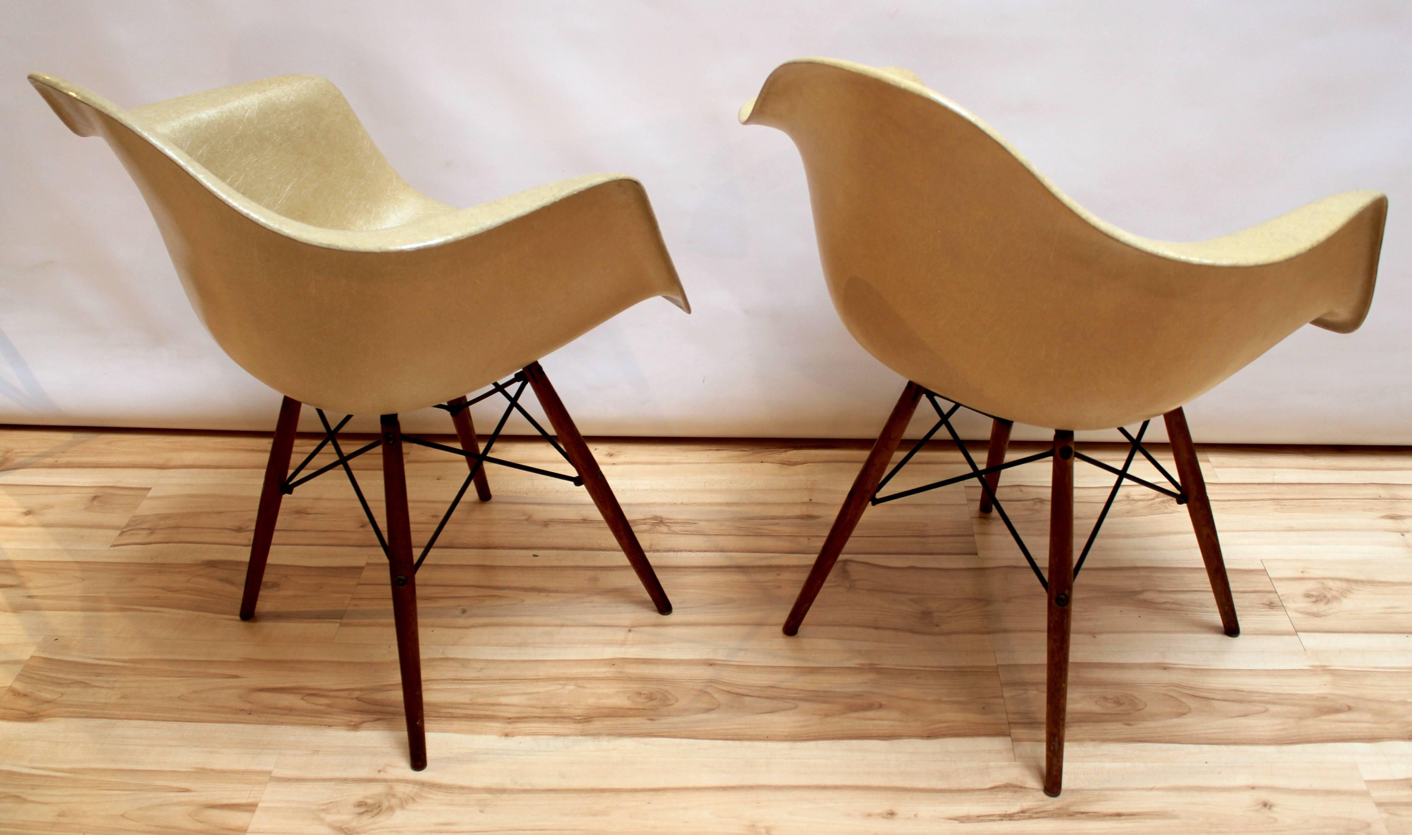 American Pair of Eames Zenith DAW Fiberglass Lounge Chairs with Walnut Dowel Legs