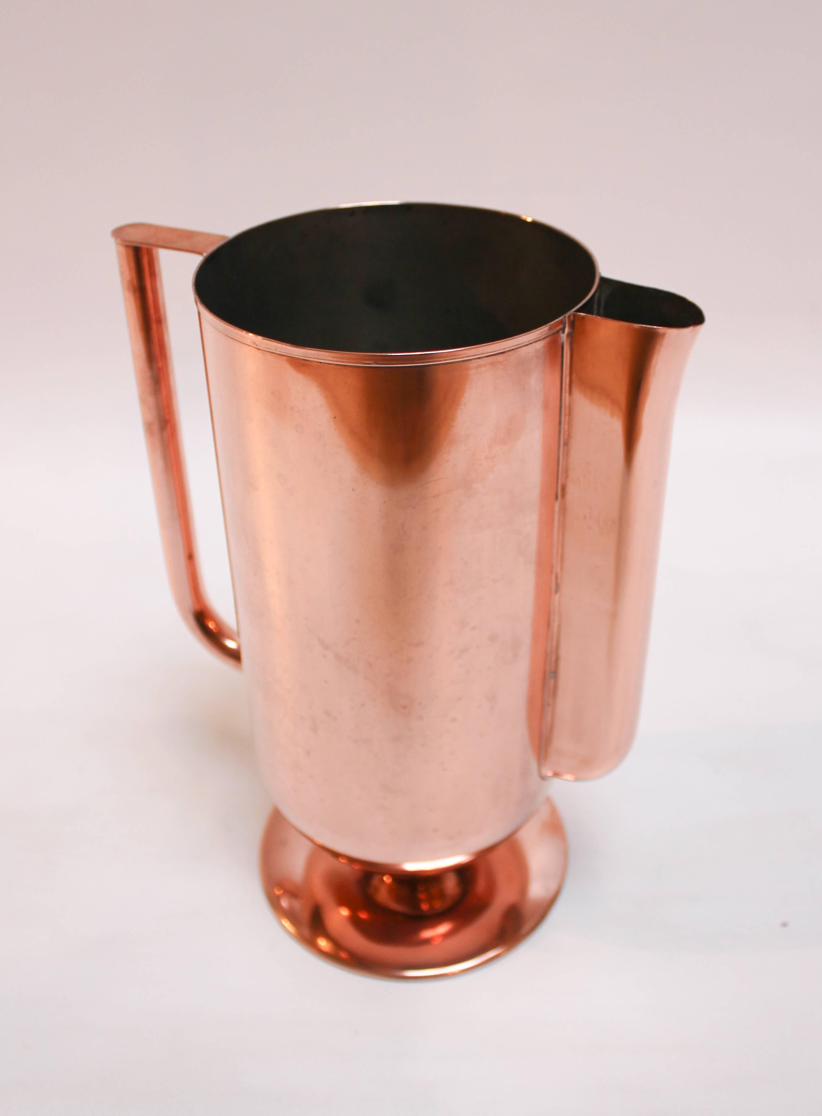 1930s Art Deco Copper Water Pitcher with Silvered Tin Lining In Good Condition For Sale In Sacramento, CA