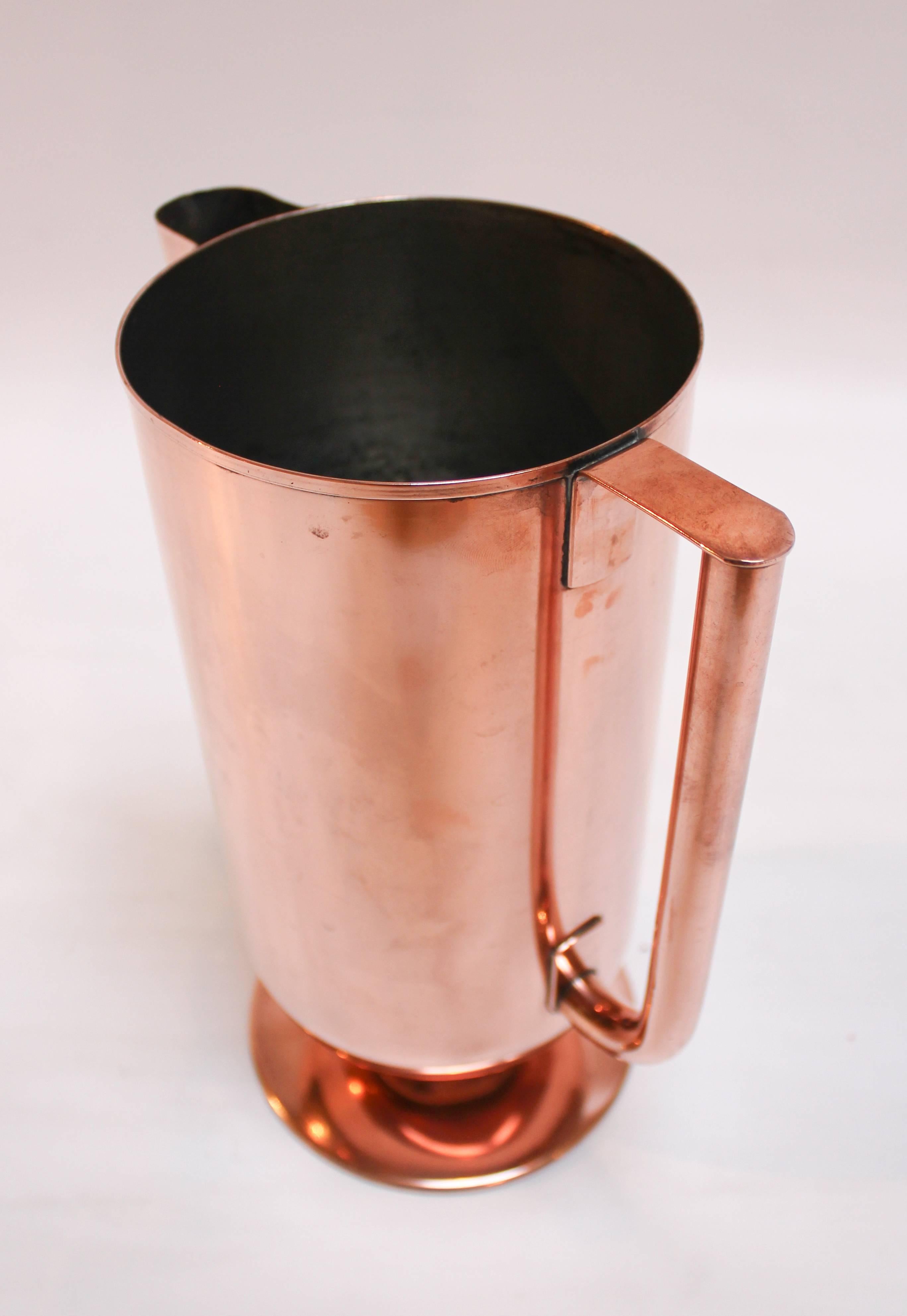 1930s Art Deco Copper Water Pitcher with Silvered Tin Lining For Sale 1