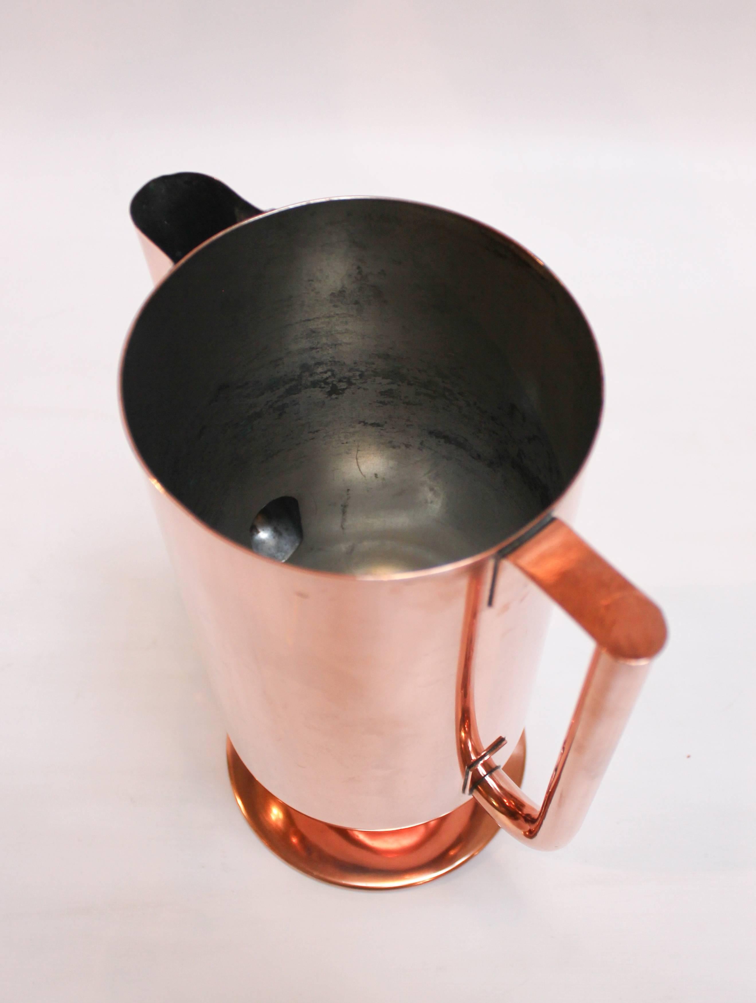 American 1930s Art Deco Copper Water Pitcher with Silvered Tin Lining For Sale