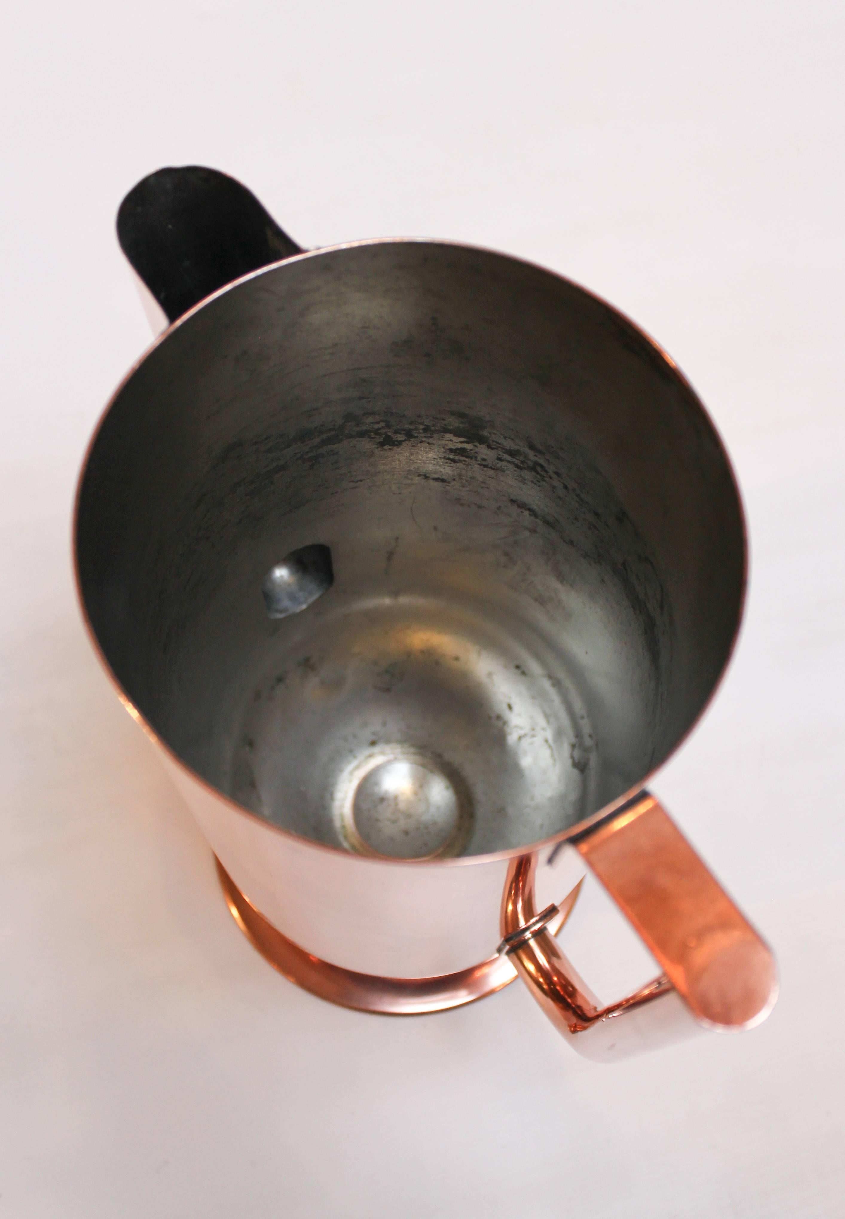Mid-20th Century 1930s Art Deco Copper Water Pitcher with Silvered Tin Lining For Sale