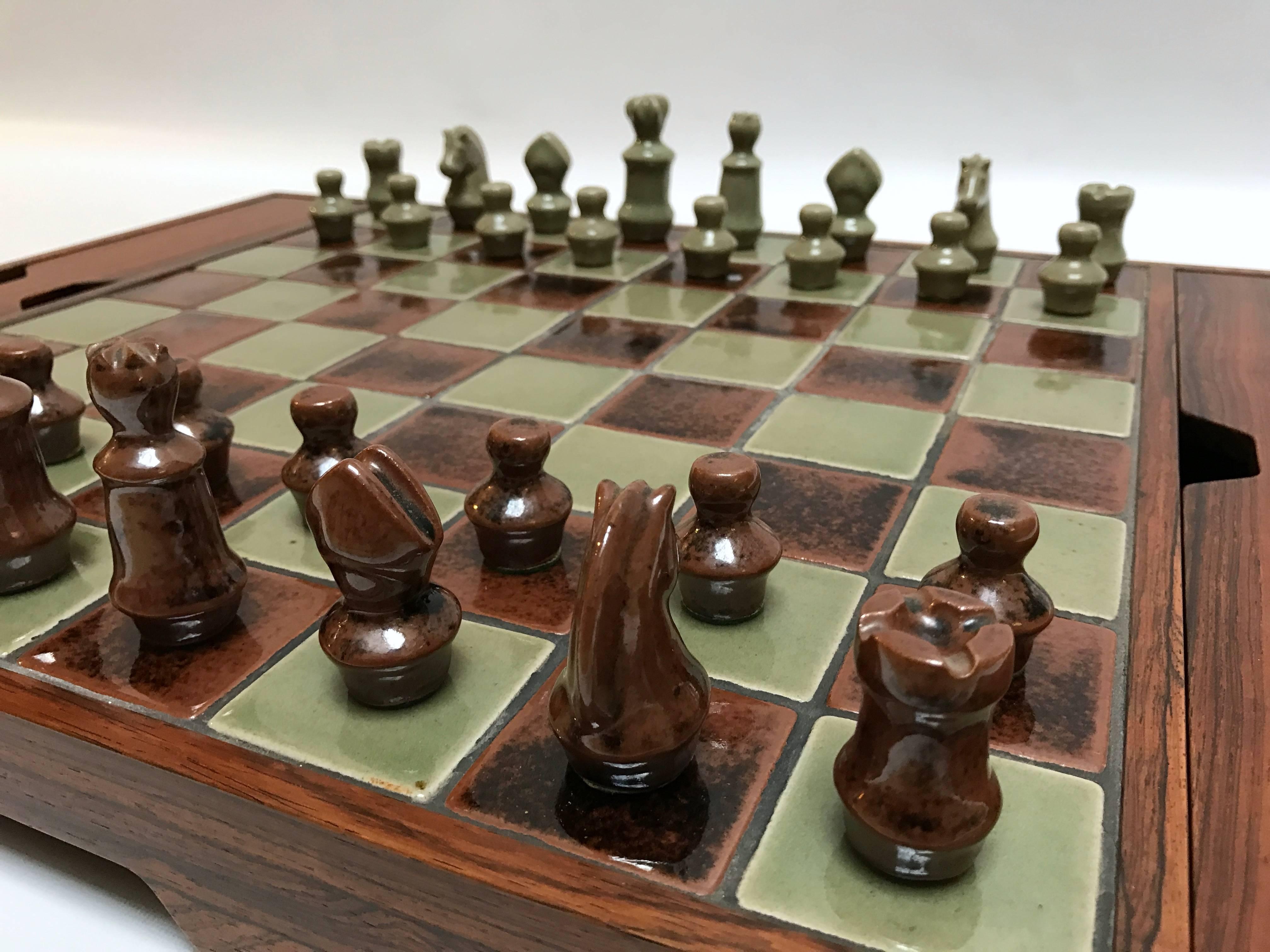 Scandinavian Modern 1960s Danish Modern Rosewood and Pottery Chess Set