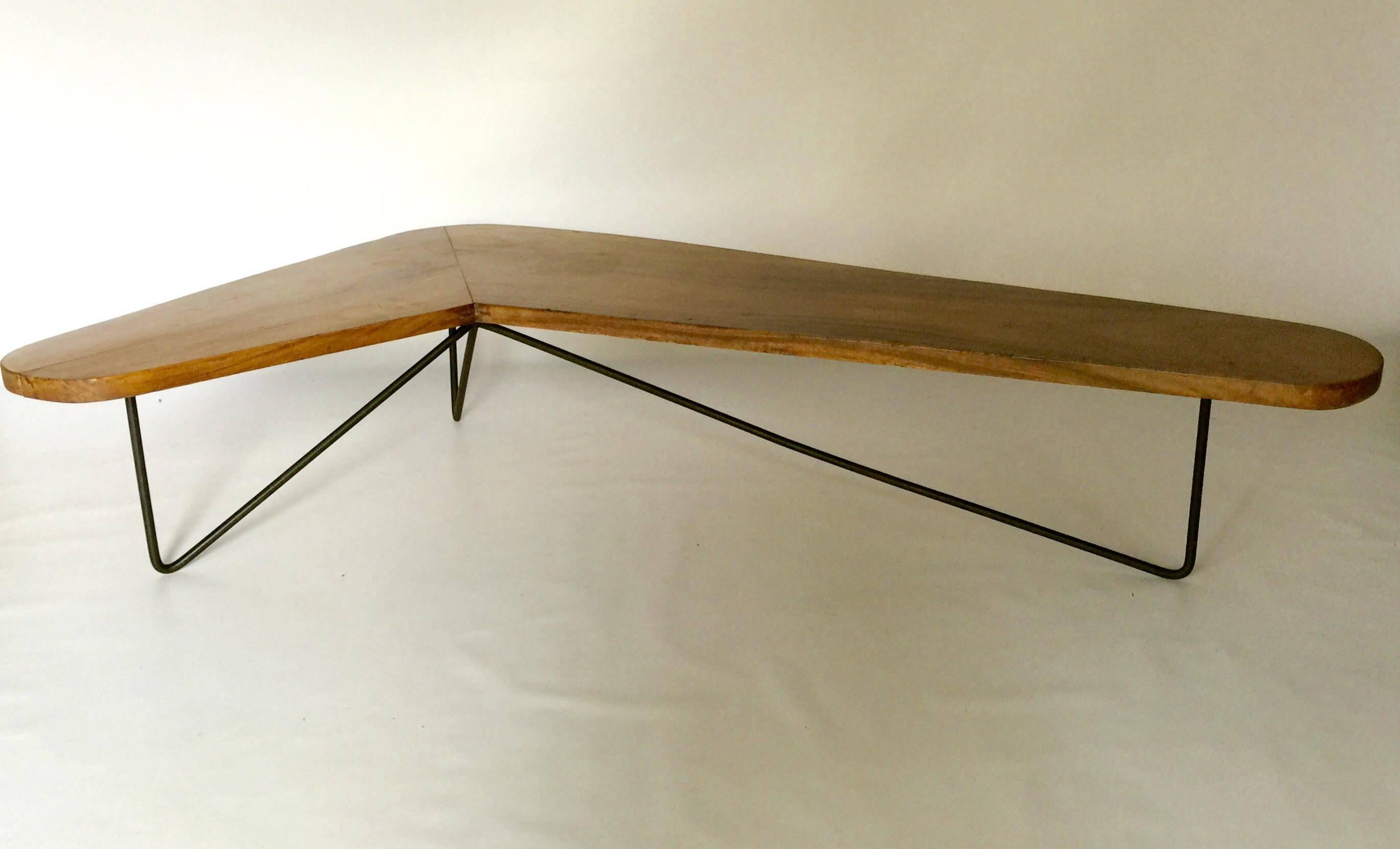 Rare 1950s Luther Conver biomorphic/boomerang coffee table. The top is monkey pod, rather than Conover's typical mahogany; this piece was likely done as a private commission. Base is constructed of 1/2