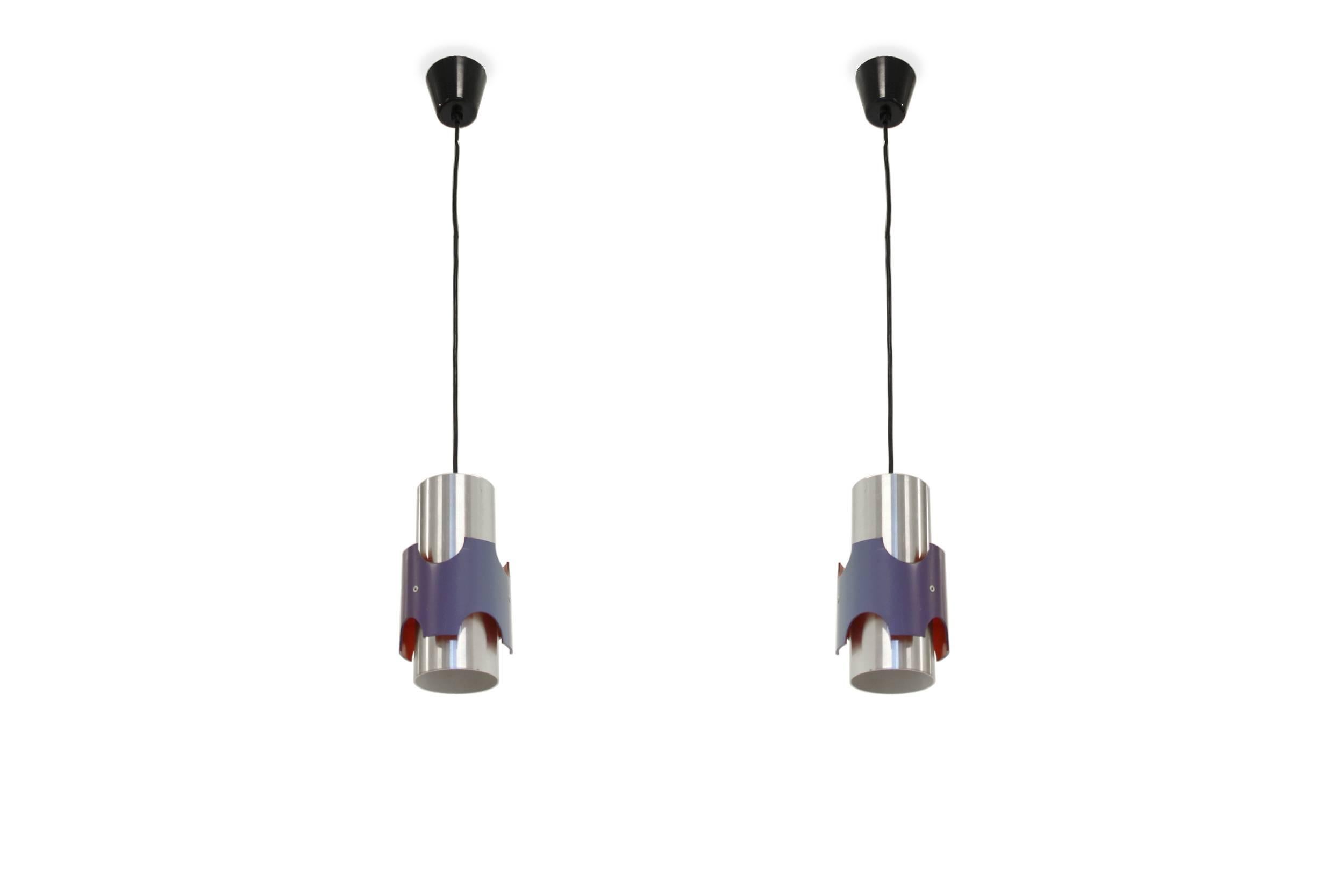 Refreshing ceiling lights on a steel frame.

Most likely designed and manufactured in Denmark, circa 1960 second half.

Both pendants are in excellent vintage condition with some normal age related usage marks.
 