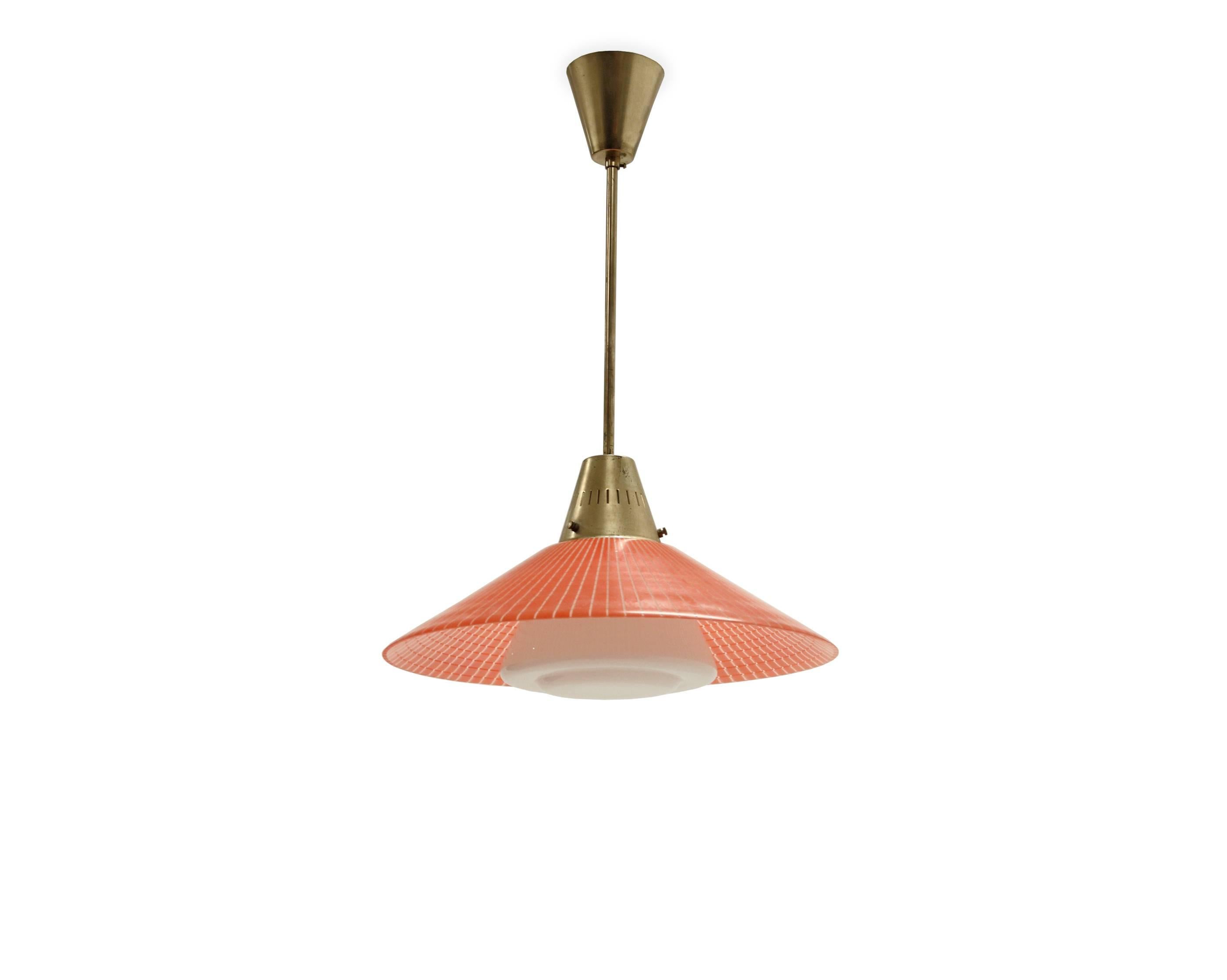 Wonderful and well made ceiling light on a brass frame, surface decorated glass shade and opaline glass cupola.

Designed and made in Norway by Tr & Co (T. Røste), circa 1960s second half.

The lamp is fully working and in excellent vintage