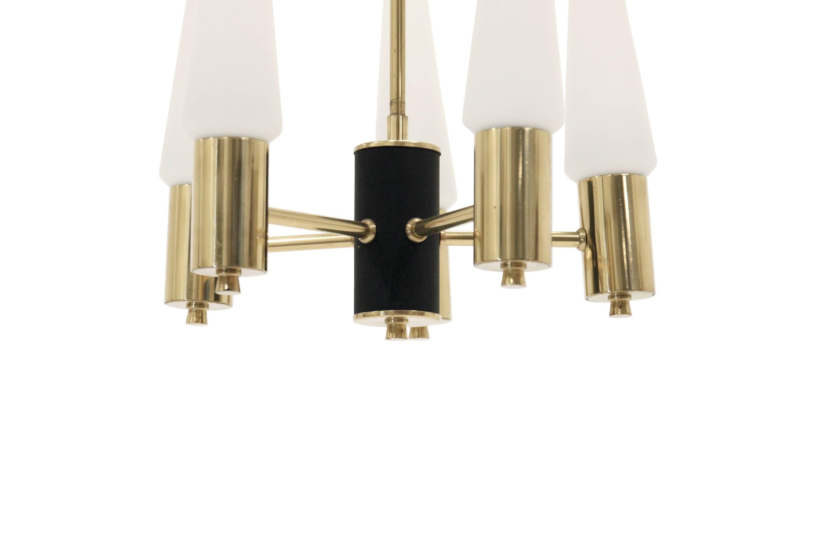 Sublime and refreshing five-armed chandelier on a brass frame and five shades in opaline glass.

Most likely designed and made in Sweden by Hans-Agne Jakobsson circa 1960s second half.

The lamp is fully working and superb vintage condition.