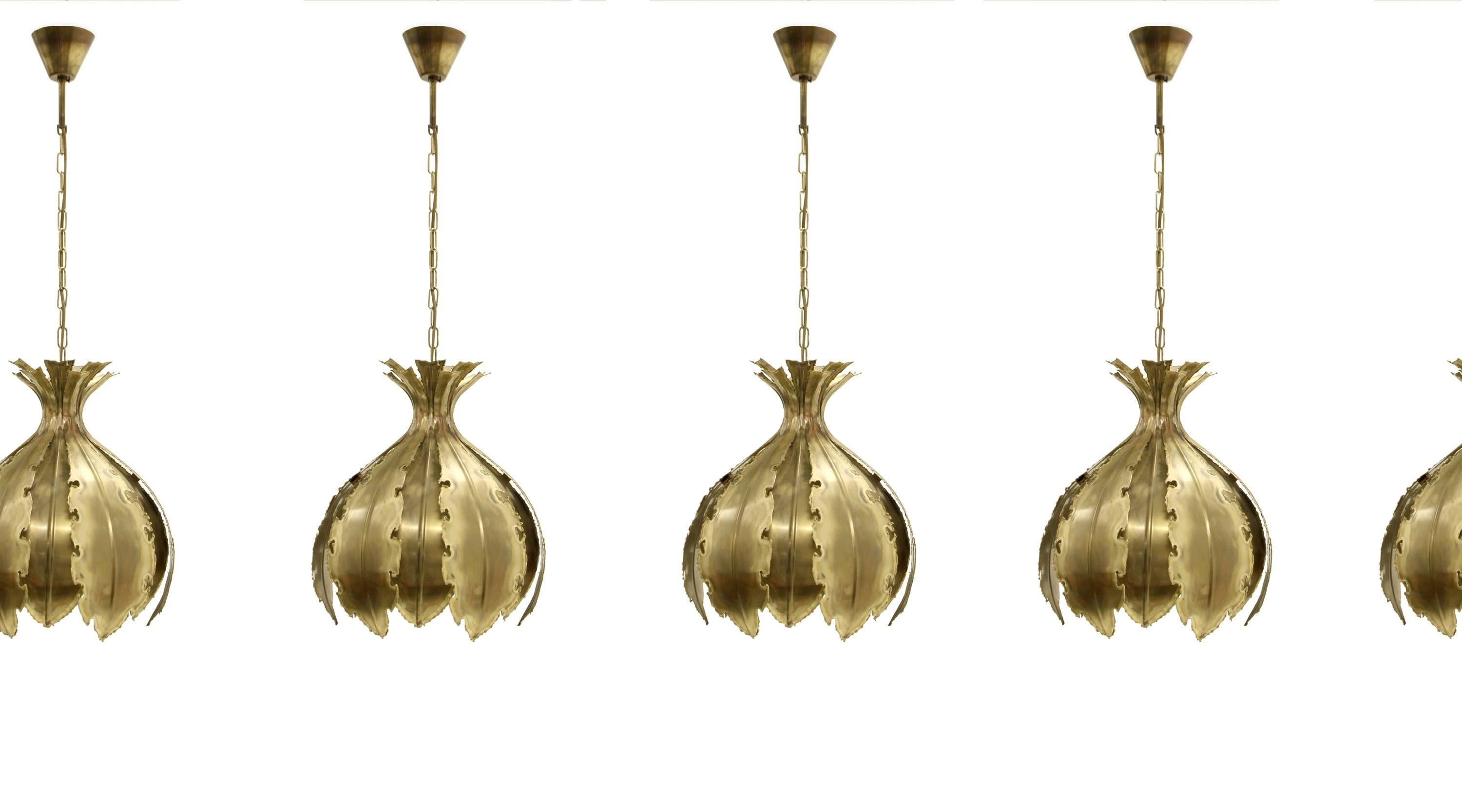 Large and decorative ceiling lamps on a patinated brass frame. Model 'Victoria' designed by Svend Aage Holm and made in Denmark, by Holm Sorensen & Co. from, circa 1970s second half. All lamps are fully working and in excellent vintage