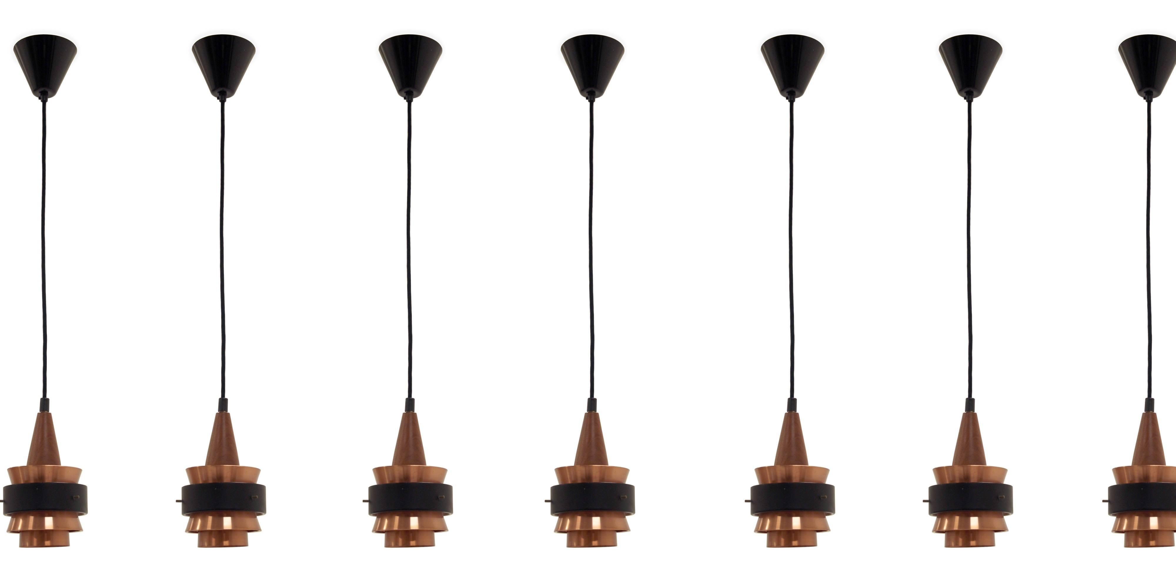 Wonderful ceiling pendants in painted steel and copper. Designed and made in Norway from circa 1960s second half. All pendants are fully working and in excellent vintage condition.