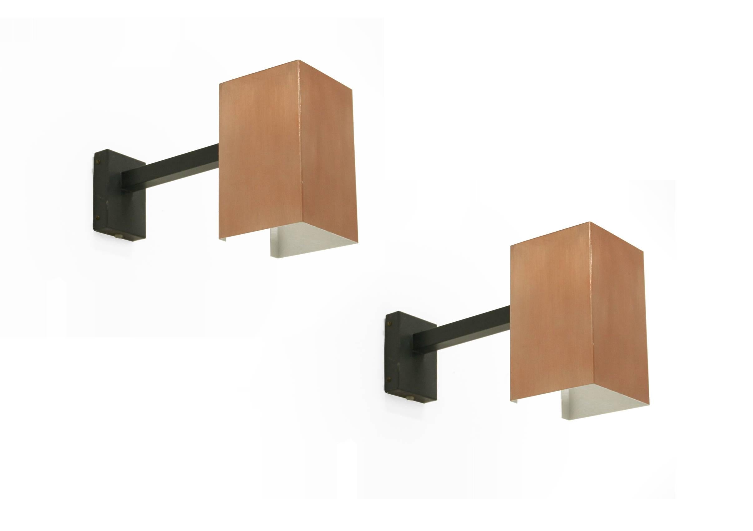 Rare and wonderful set of wall lights on a copper shade and stem in steel.

Designed and made in Norway by Finn Lunde AS from, circa 1970s second half.

All lamps are fully working and in excellent vintage condition. The lamps are marked FL and