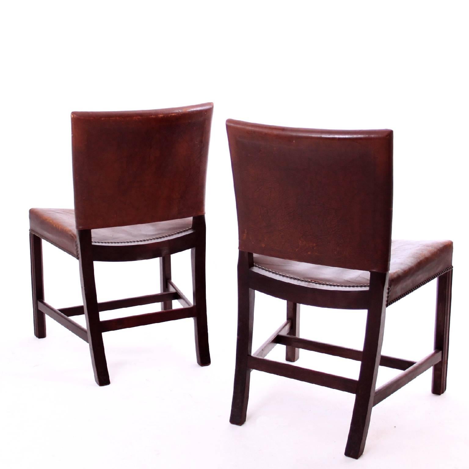 Danish A Pair of Kaare Klint Red Chairs in Brown Leather by Rud Rasmussen, 1930s
