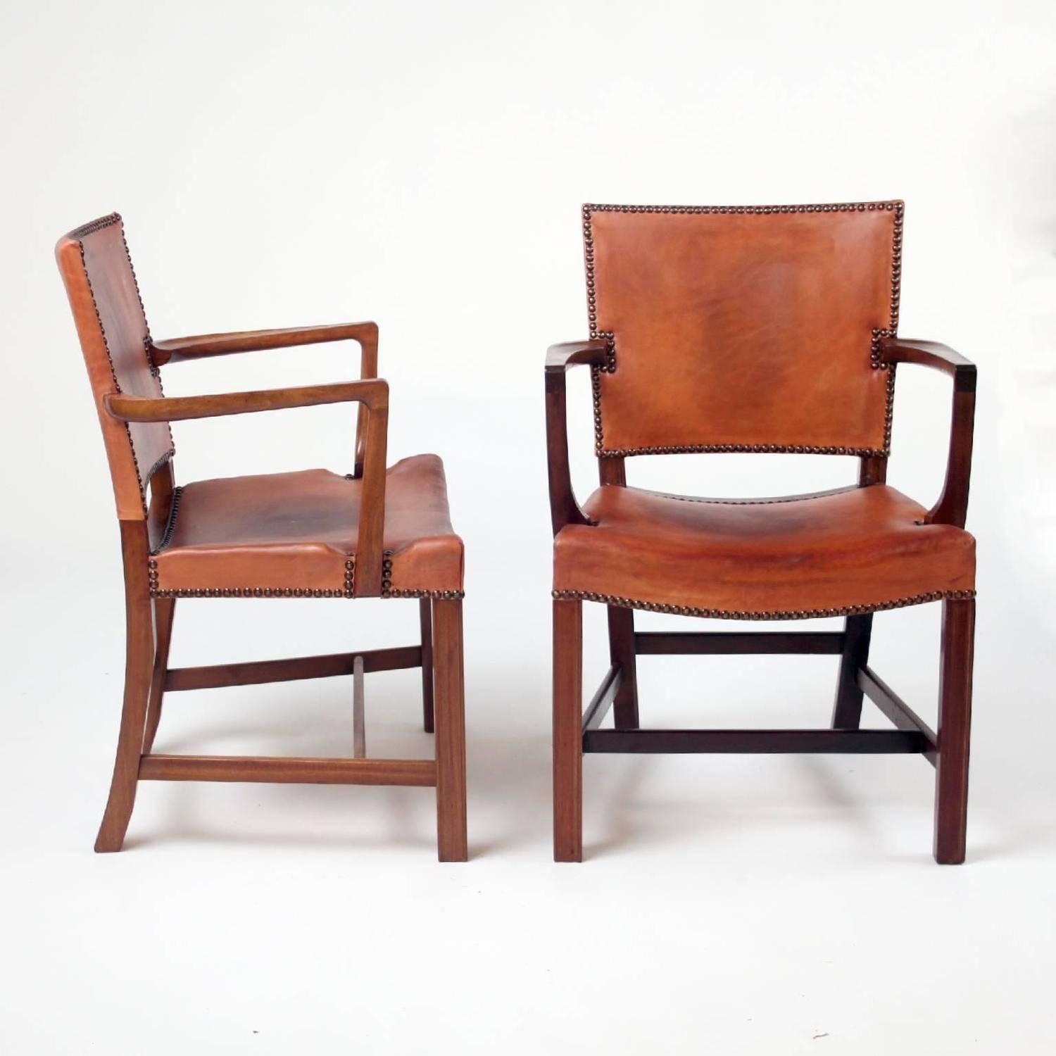 Set of ten 'Red' armchairs, model no.3758A. 

Designed for the Danish Museum of Art and Design’s lecture room, Copenhagen, 1927-1930. 

Materials: Cuban Mahogany, leather and brass nailheads.

Executed by cabinetmakers Rud. Rasmussen A/S,