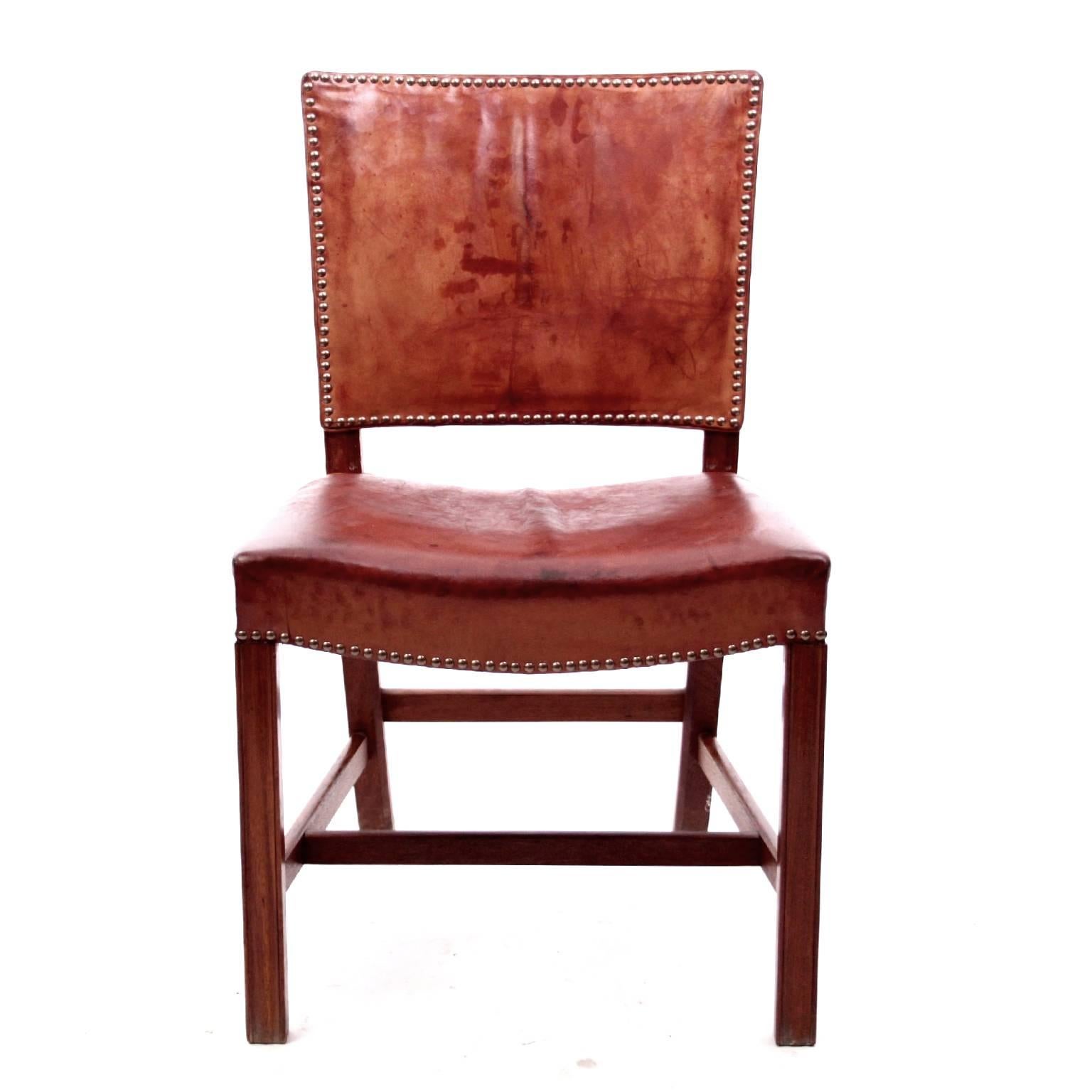Mid-Century Modern Kaare Klint Set of Six Red Chairs with Original Leather