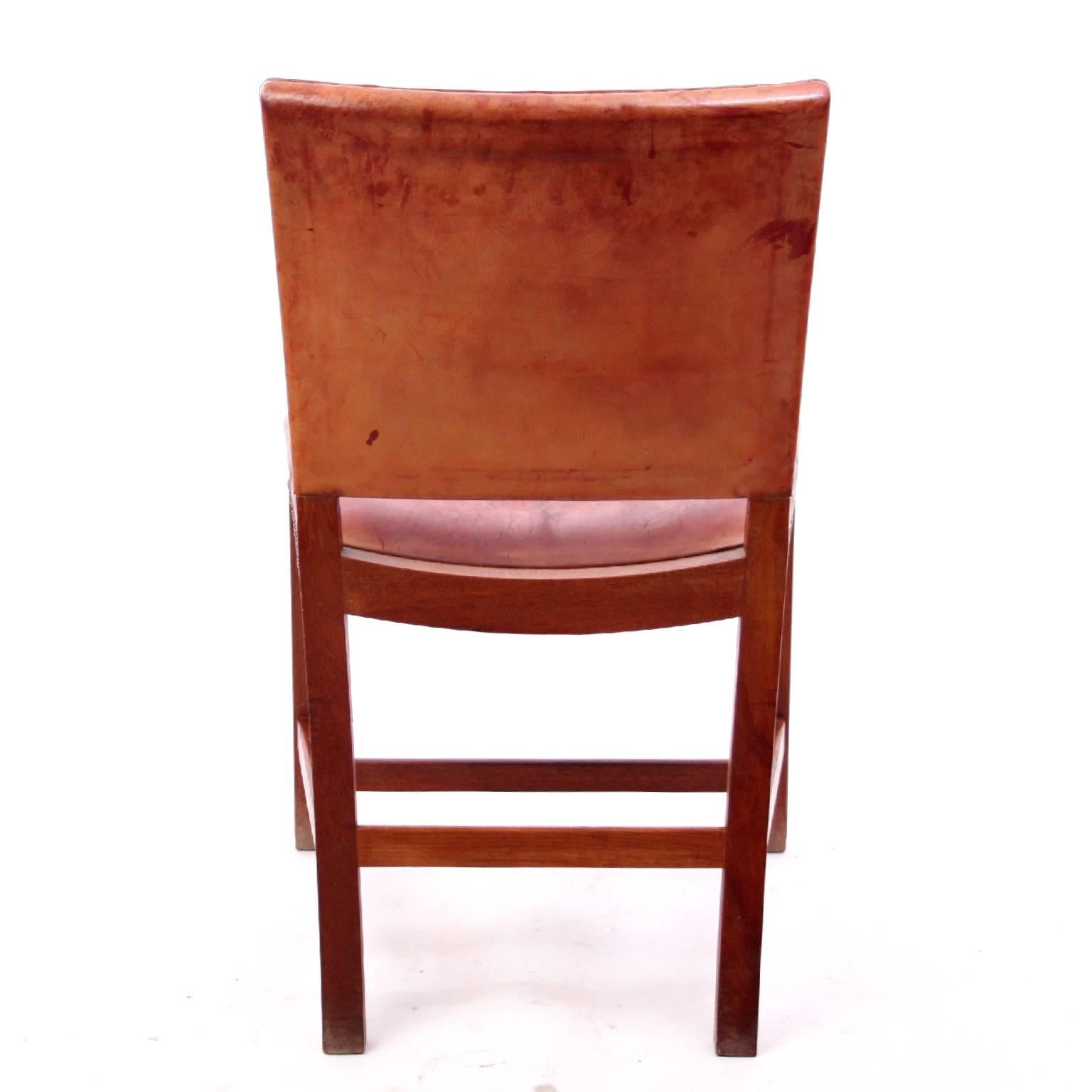 Kaare Klint Set of Six Red Chairs with Original Leather In Good Condition In Copenhagen, DK