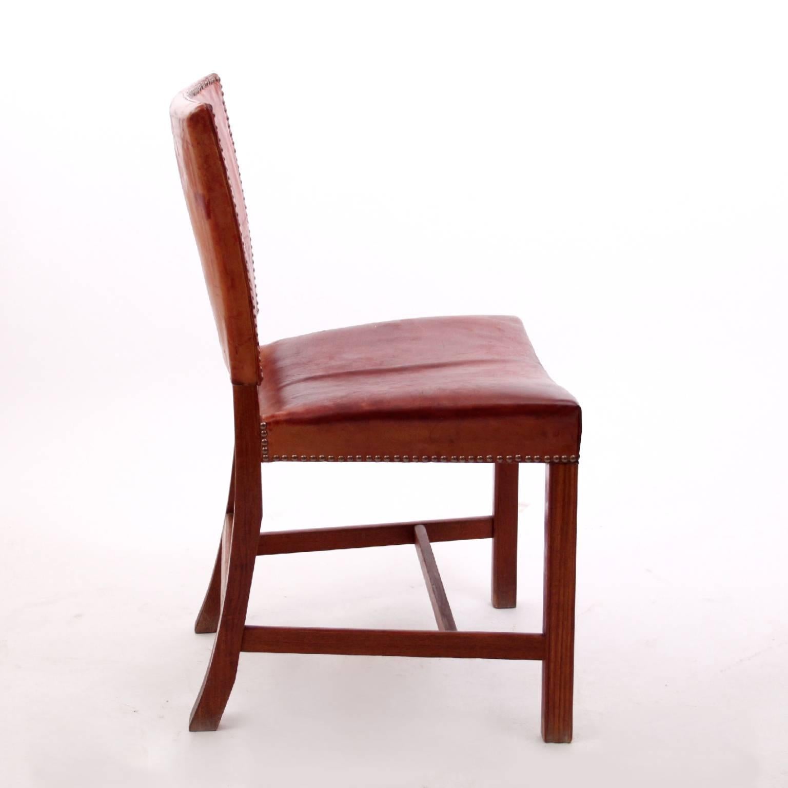 20th Century Kaare Klint Set of Six Red Chairs with Original Leather