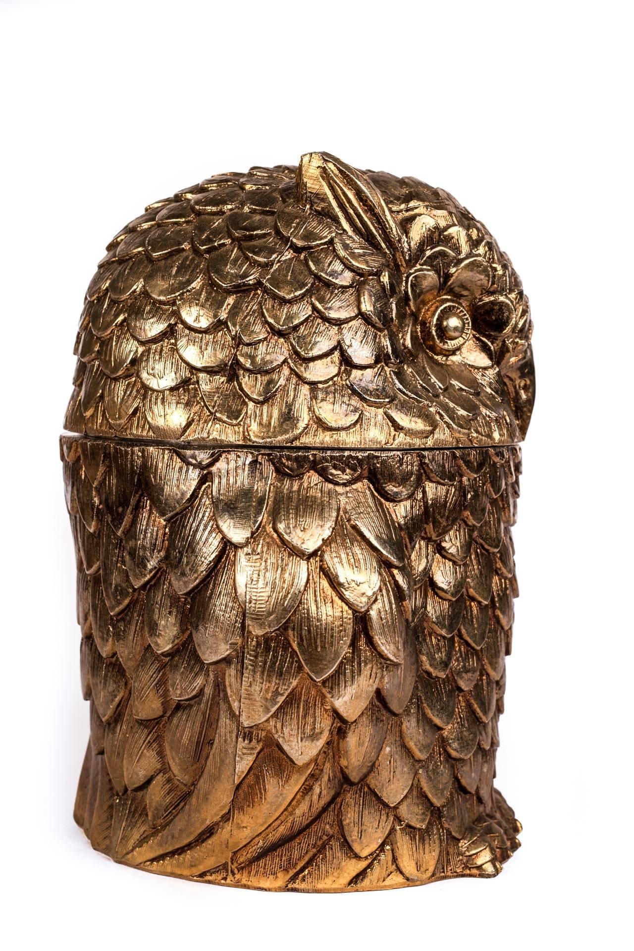 Exquisitely cast antique gold colored ice bucket in the form of an owl by Italian born artist Manetti. This wonderfully charming piece is great fun and perfect for Christmas drinks! Condition is superb commensurate with age.