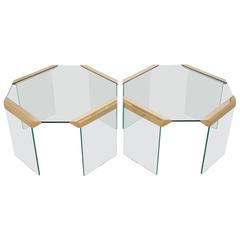 Pair of Brass Glass Waterfall Octagon Side End Tables