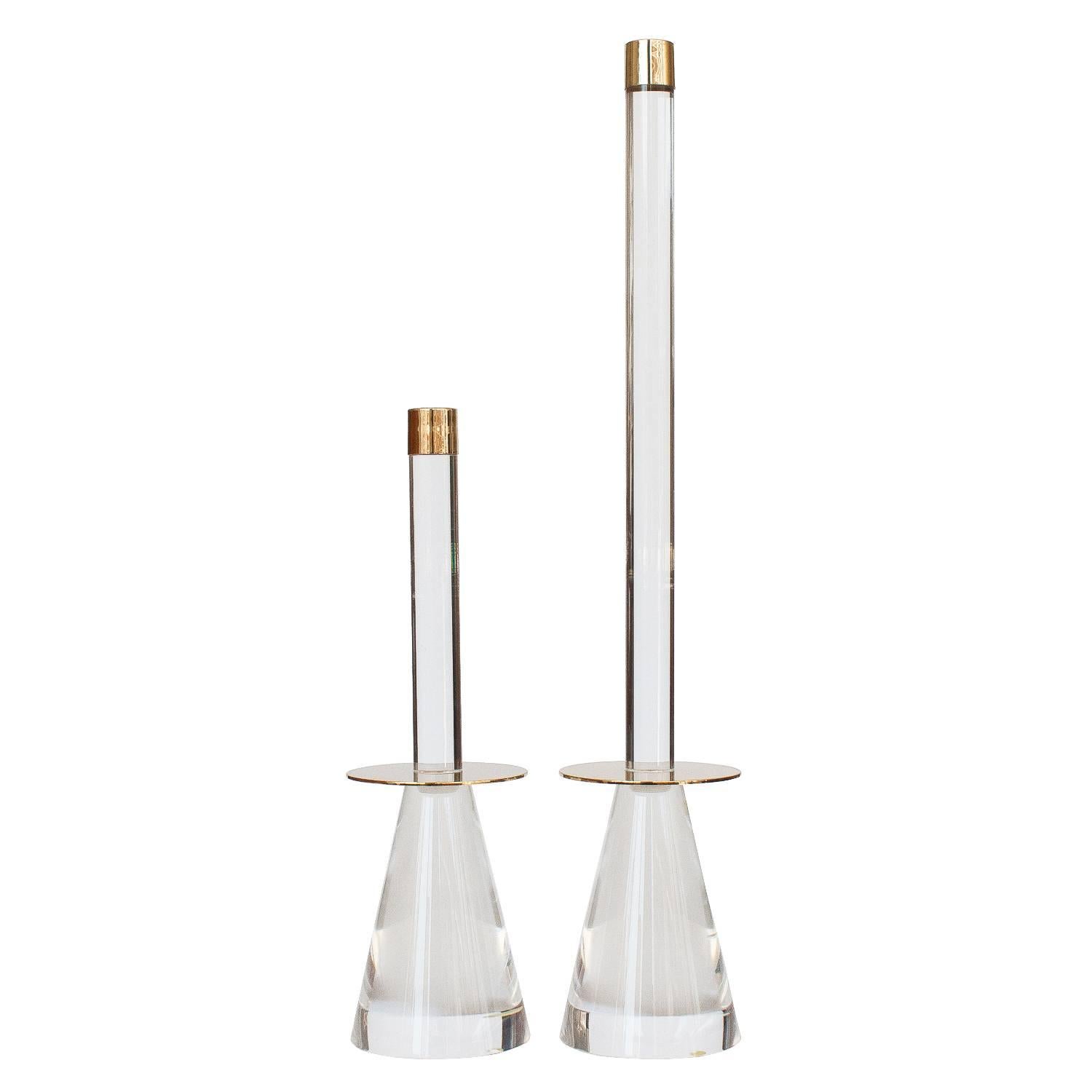 Pair of Lucite and Brass Candlesticks