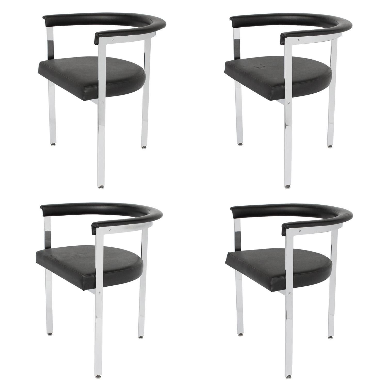 Set Four Modernist Chrome Three-Legged Dining Chairs