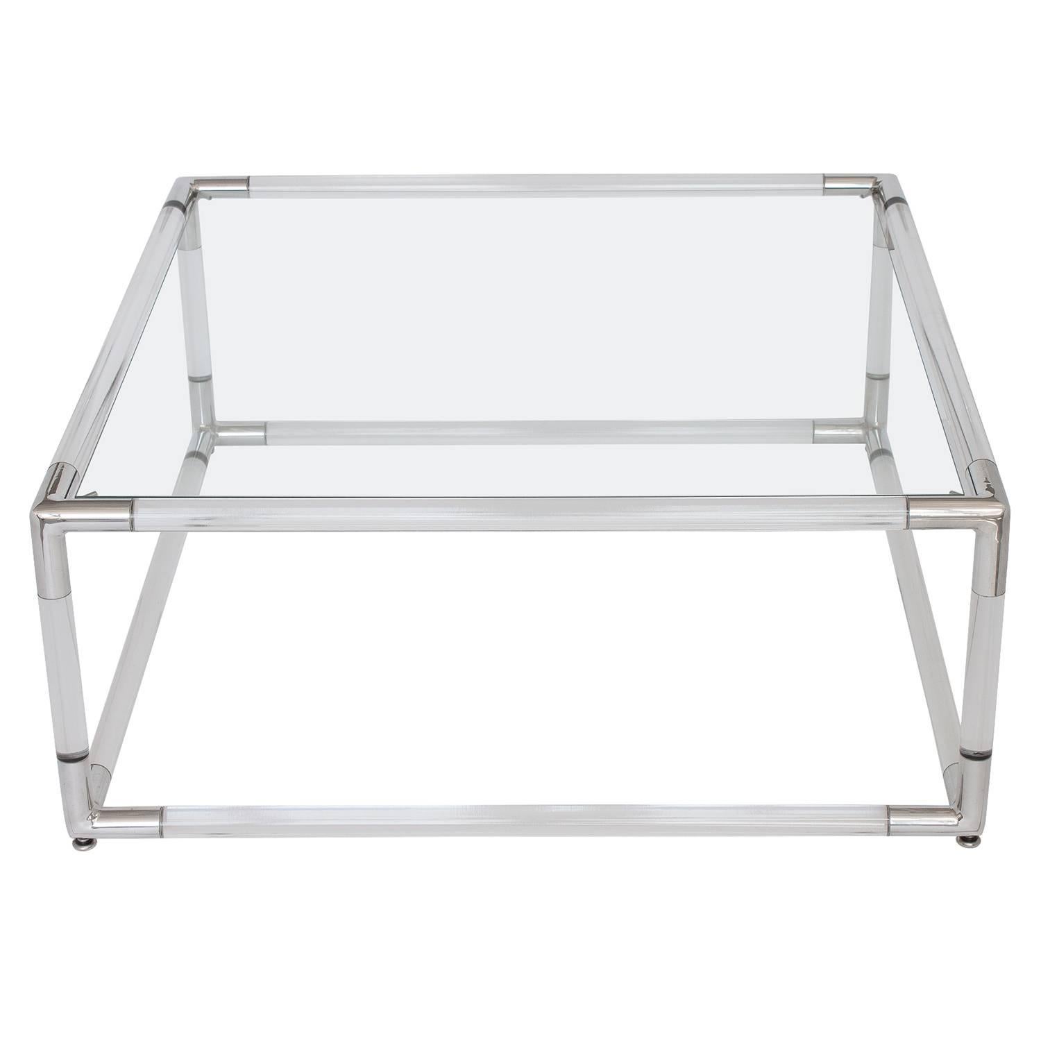 Lucite and Aluminium Square Coffee Table with Glass Top