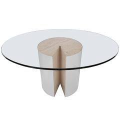 Rare Leon Rosen Travertine and Chrome "Pie" Dining Table for Pace