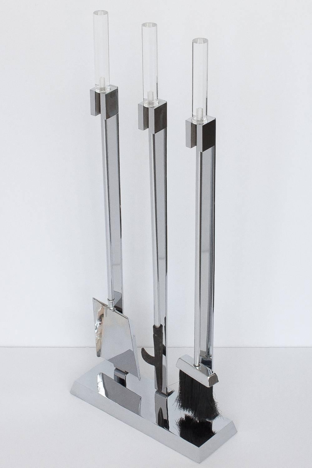Mid-Century Modern 1970s, Lucite and Chrome Fireplace Tool Set