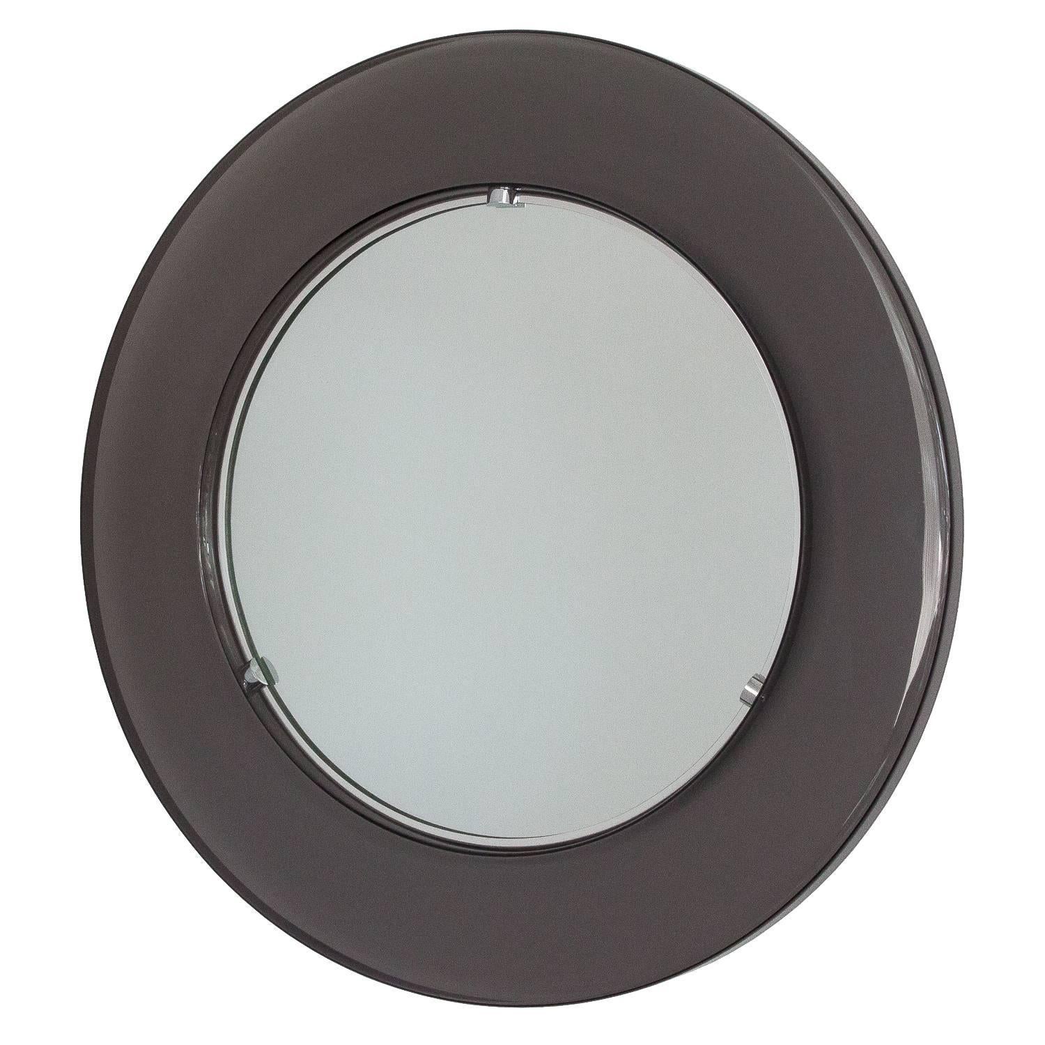 1970s, Round Smoked Lucite Framed Wall Mirror
