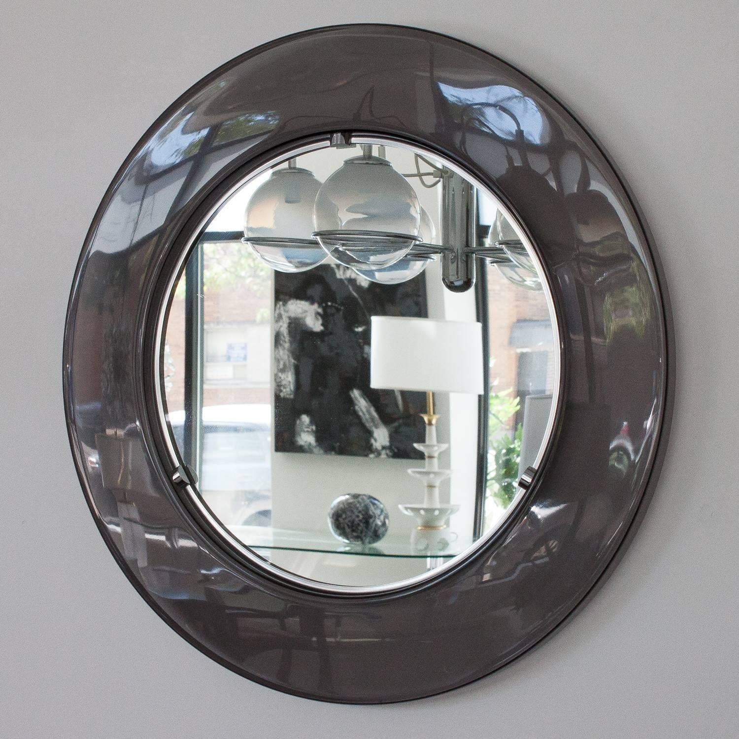 American 1970s, Round Smoked Lucite Framed Wall Mirror