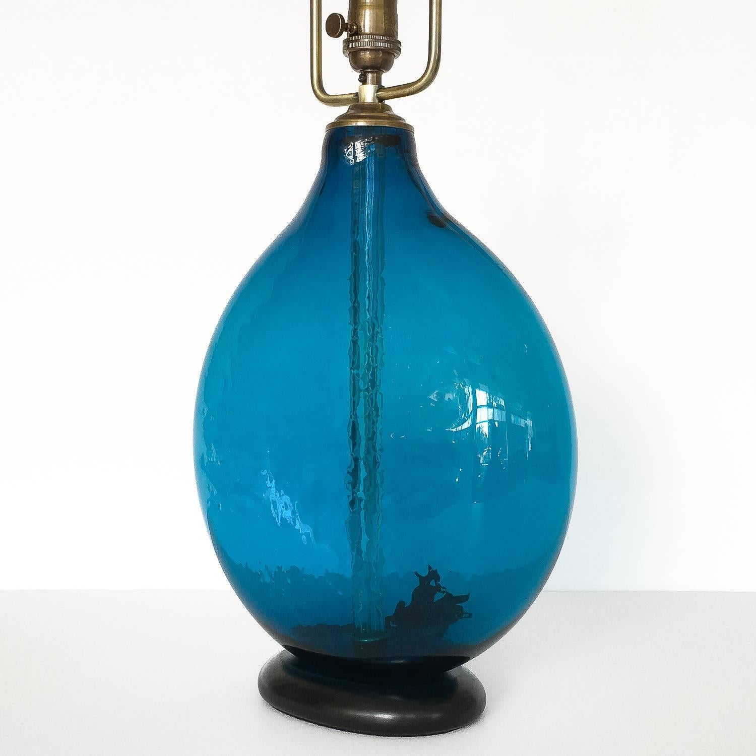 Ebonized Pair of Wayne Husted Cerulean Blue Glass Tables Lamp for Blenko