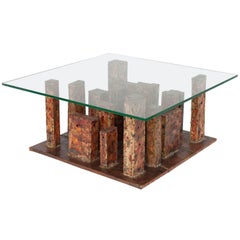 Artist Signed Brutalist Copper and Brass Torch Cut Skyscraper Coffee Table