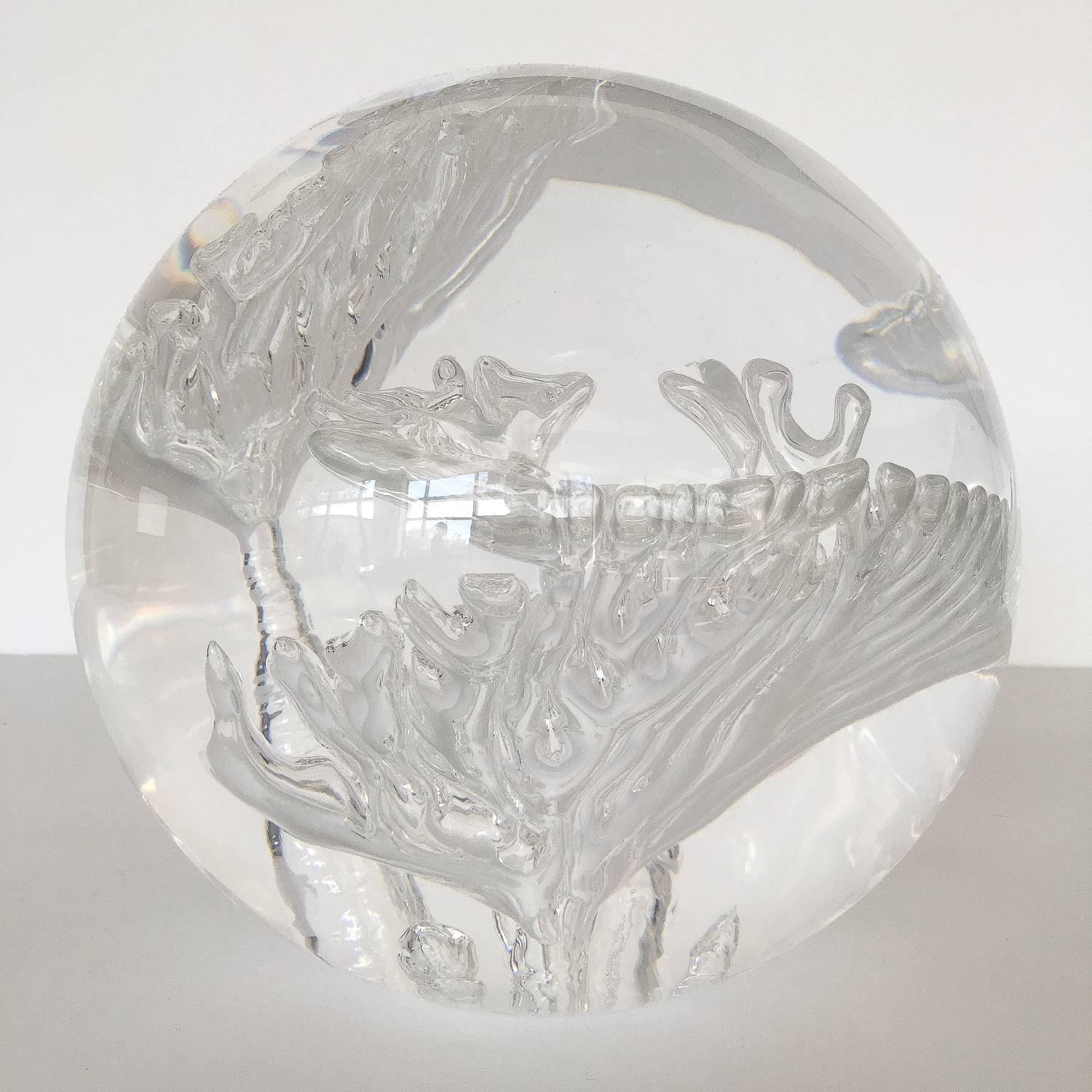 Large 12" diameter clear Lucite sphere sculpture with suspended bubble inclusions. 5" diameter flat bottom. Striking from all angles!