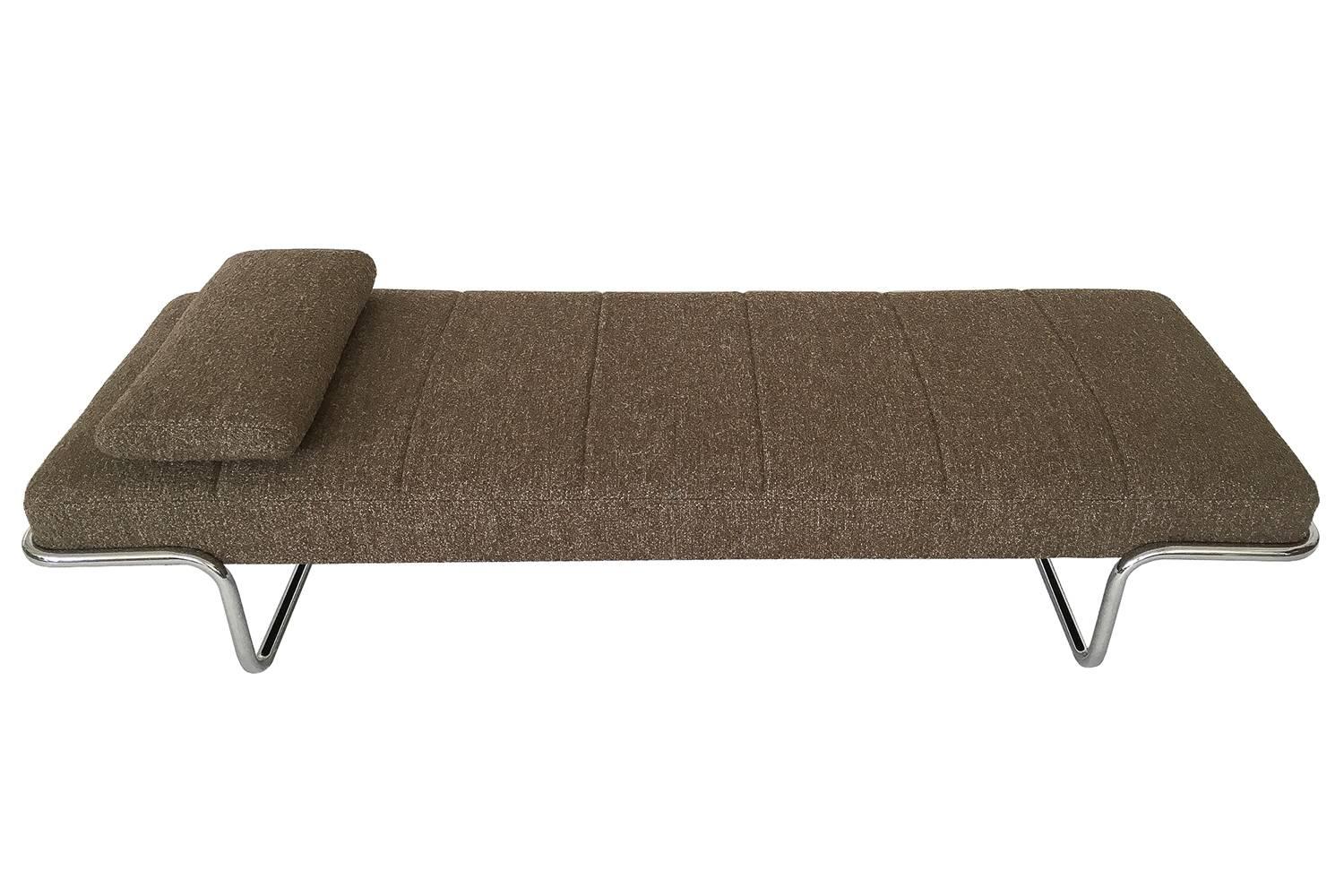 Chrome framed daybed or bench by Brayton International, circa 1970s. Newly upholstered in a natural heathered wool bouclé fabric in a mushroom brown color. Tight upholstered seat with original channeled design. Loose removable matching upholstered