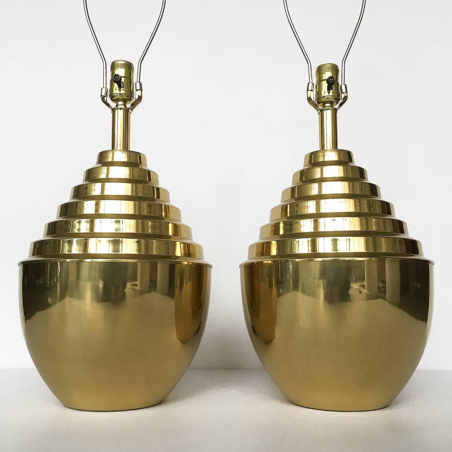 American Pair of Brass Stepped Modern Urn-Form Table Lamps