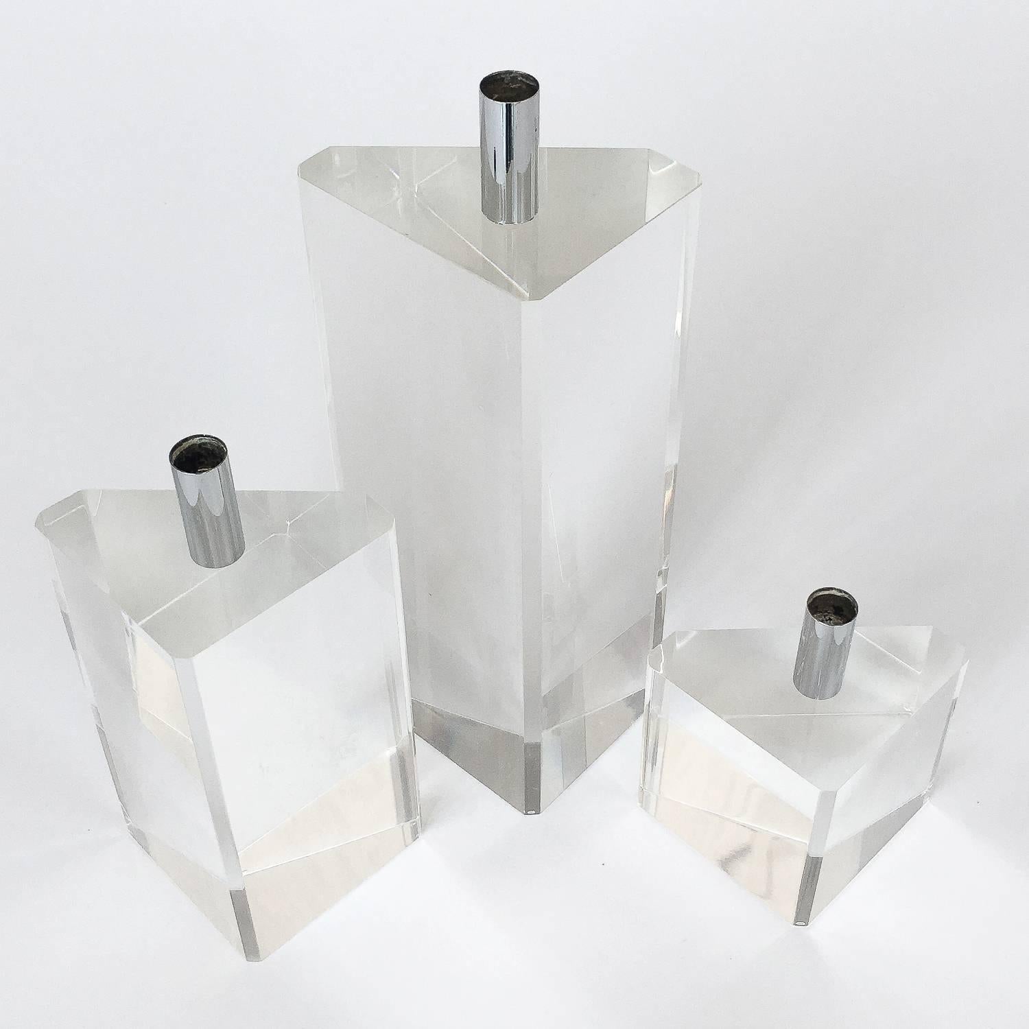 American Set of Three Faceted Lucite and Chrome Candleholders