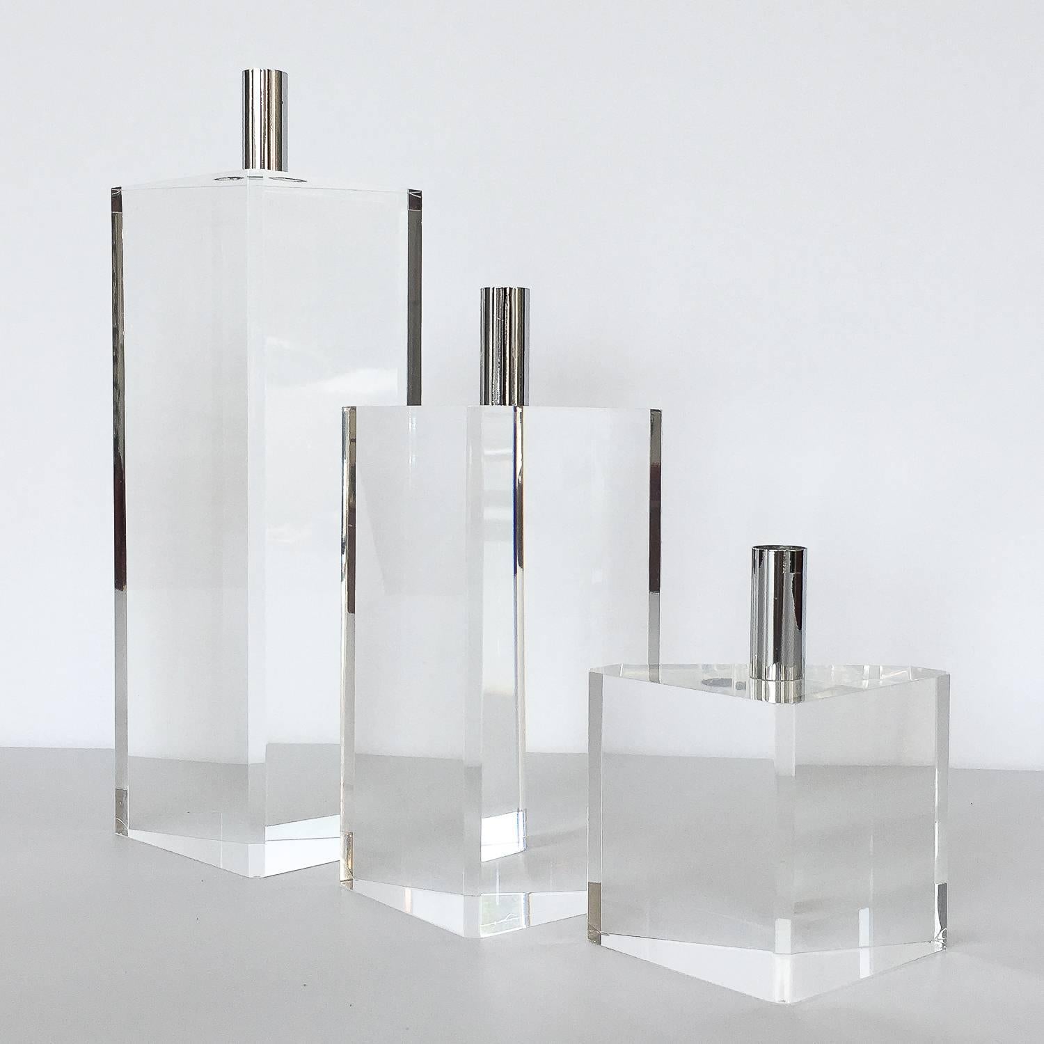 Mid-Century Modern Set of Three Faceted Lucite and Chrome Candleholders