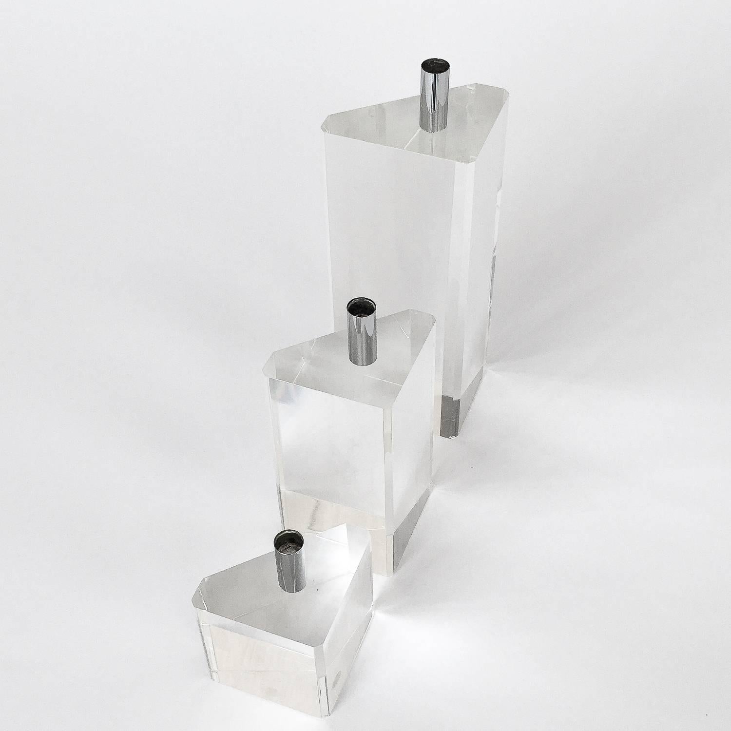 Late 20th Century Set of Three Faceted Lucite and Chrome Candleholders
