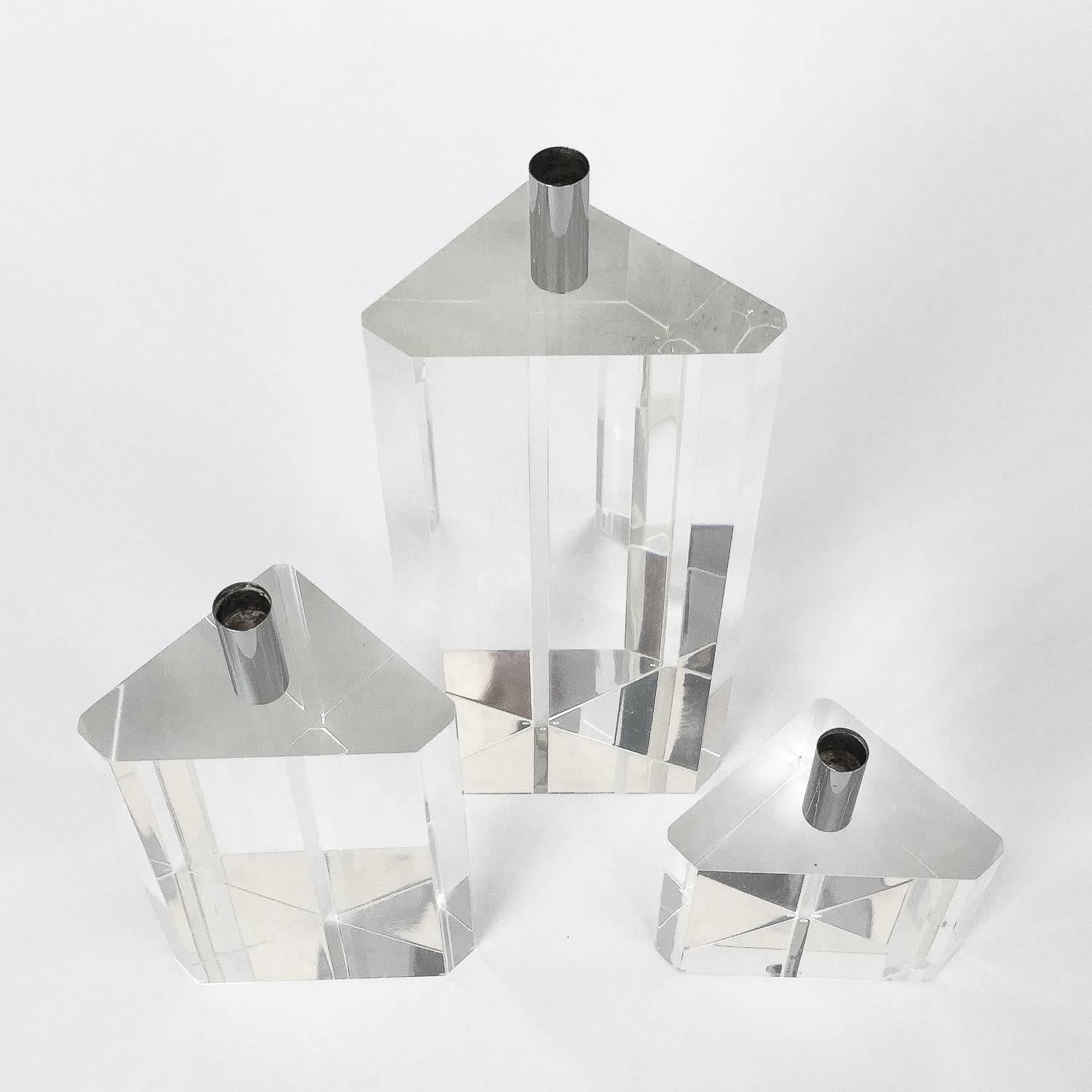 Set of Three Faceted Lucite and Chrome Candleholders In Excellent Condition In Chicago, IL