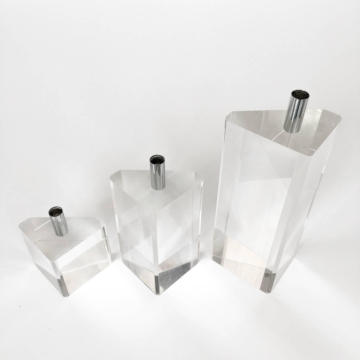 Set of Three Faceted Lucite and Chrome Candleholders 1
