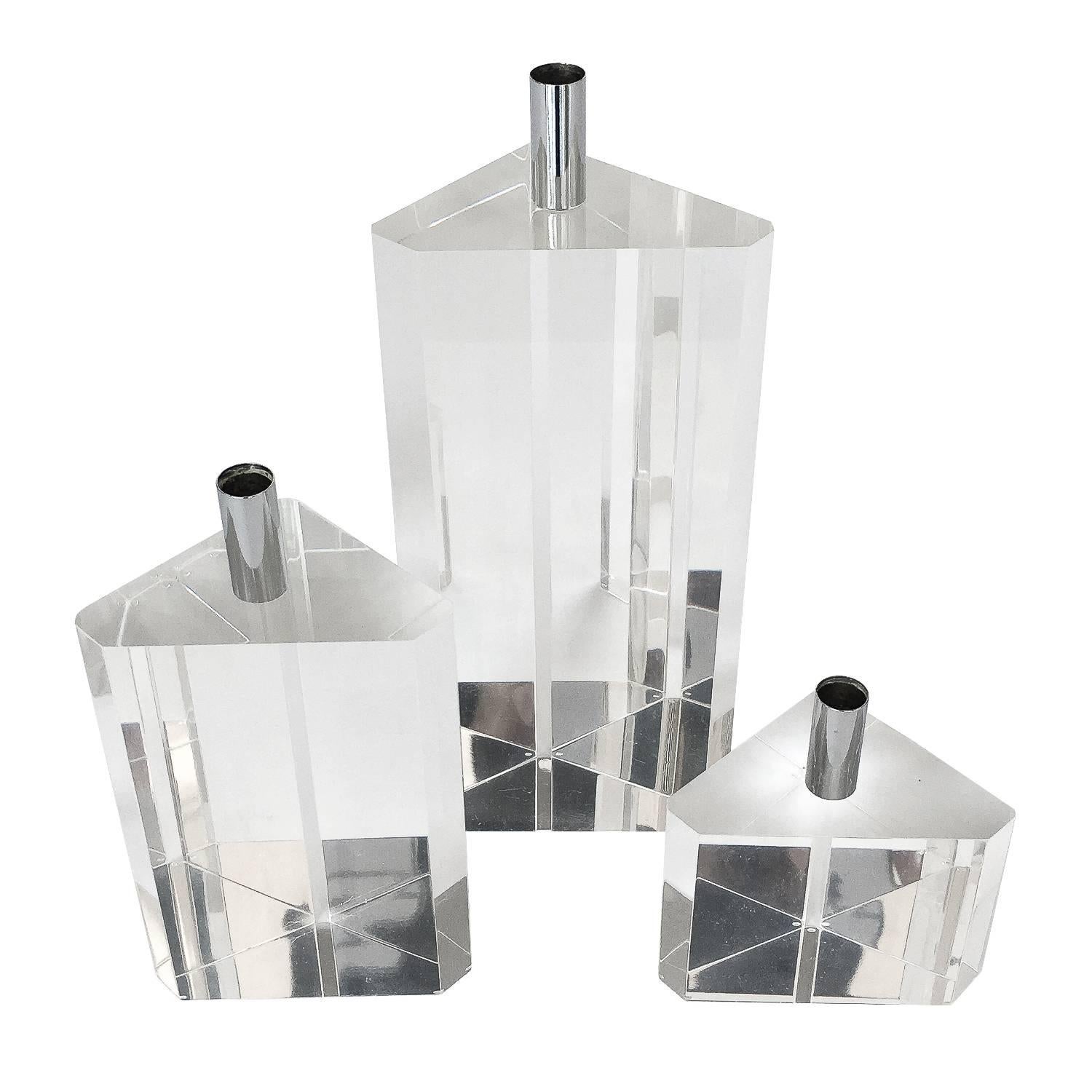 Set of Three Faceted Lucite and Chrome Candleholders