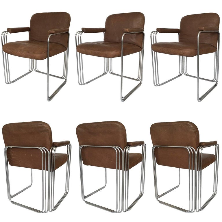 Set Of Six Chrome And Leather Dining Chairs Attributed To Pace Collection At 1stdibs