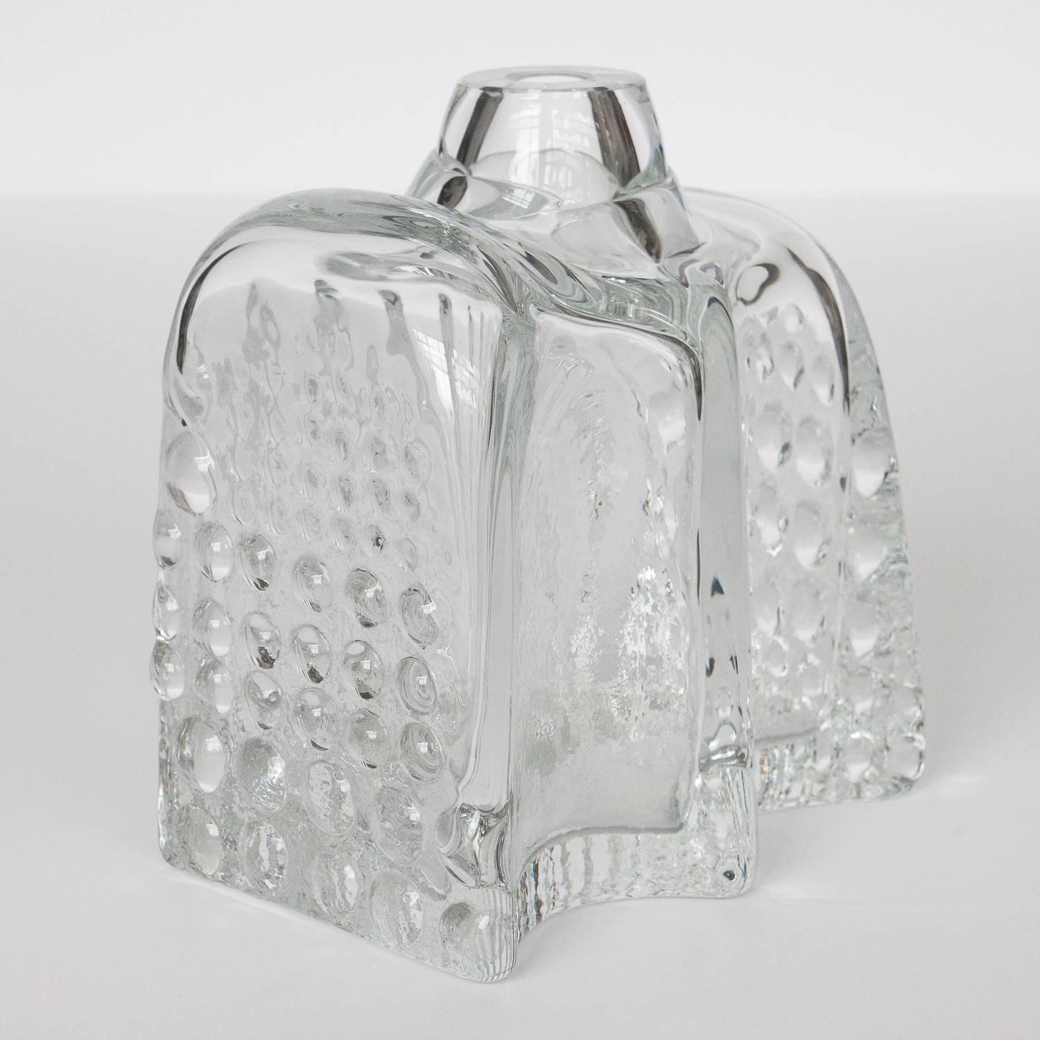 Rare and uncommon thick clear blown glass vase by Willem Hessen for Leerdam Unica.  Created in 1966 as part of the Manhattan Series.  Highly textured and sculptural form.  Signed by the artist.  W. Hessen Leerdam Unica HO10.  Excellent vintage