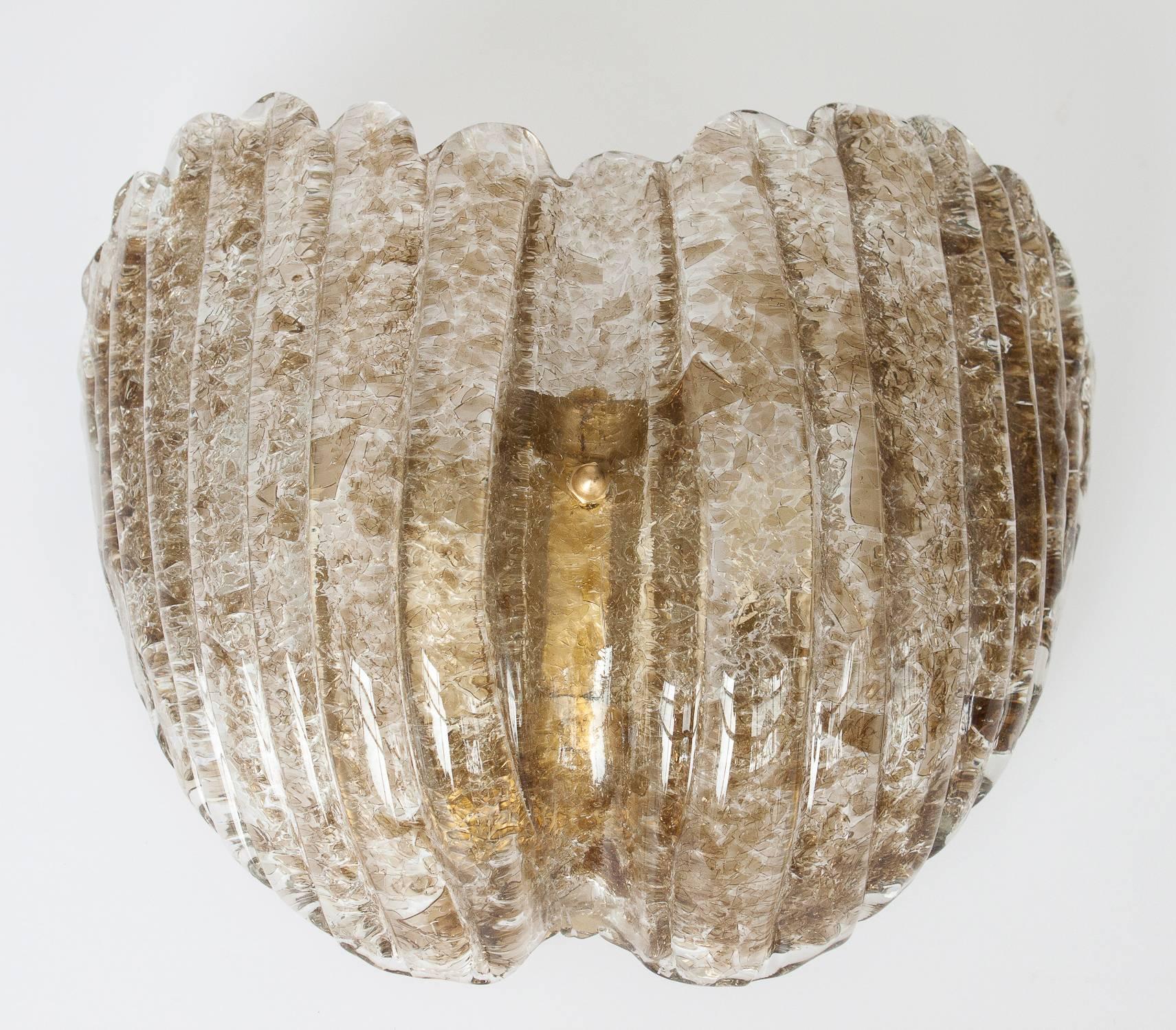 Mid-Century Modern Pair of Kalmar Smokey Topaz Ice Glass Shell Form Sconces