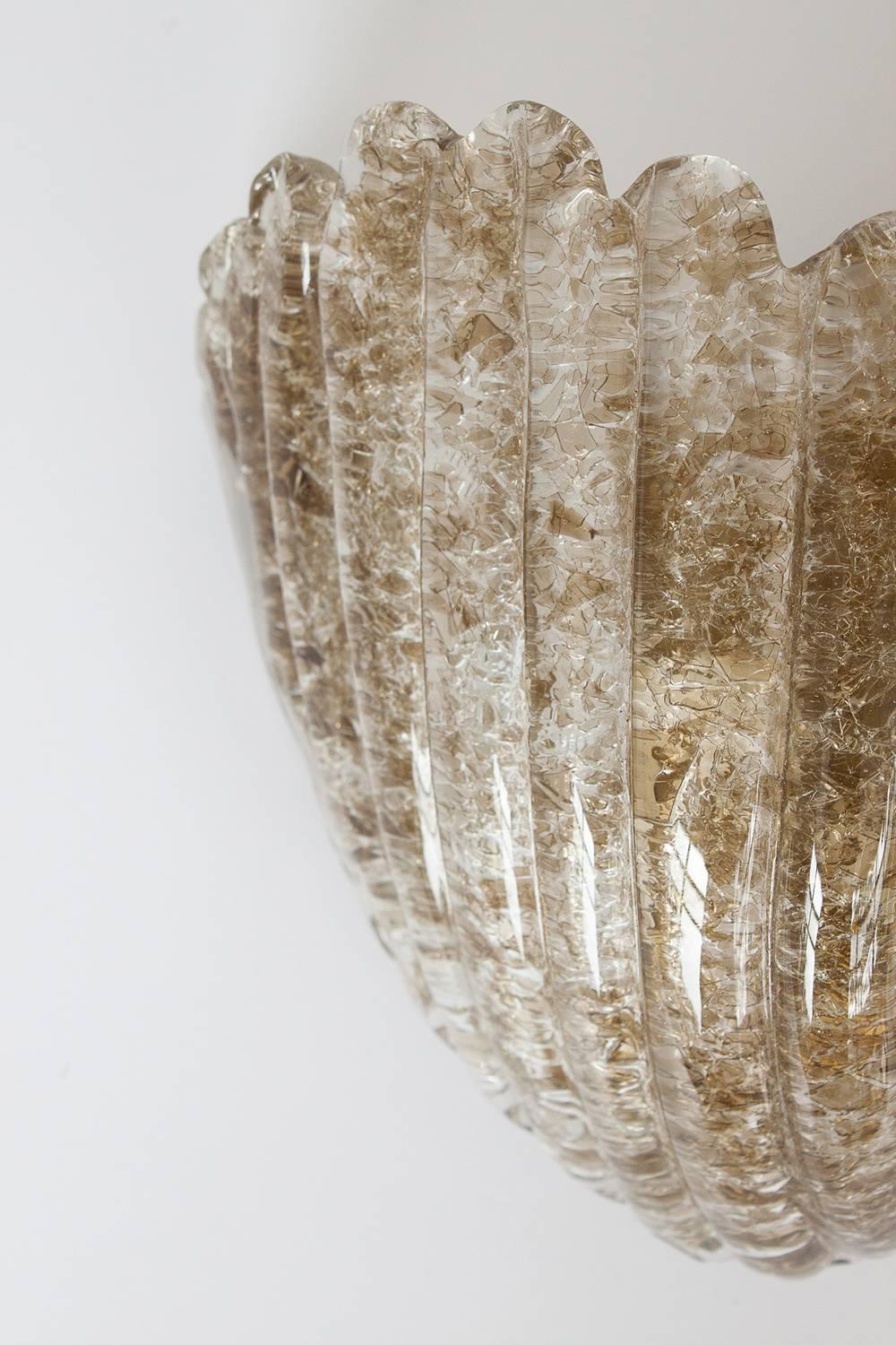 Austrian Pair of Kalmar Smokey Topaz Ice Glass Shell Form Sconces